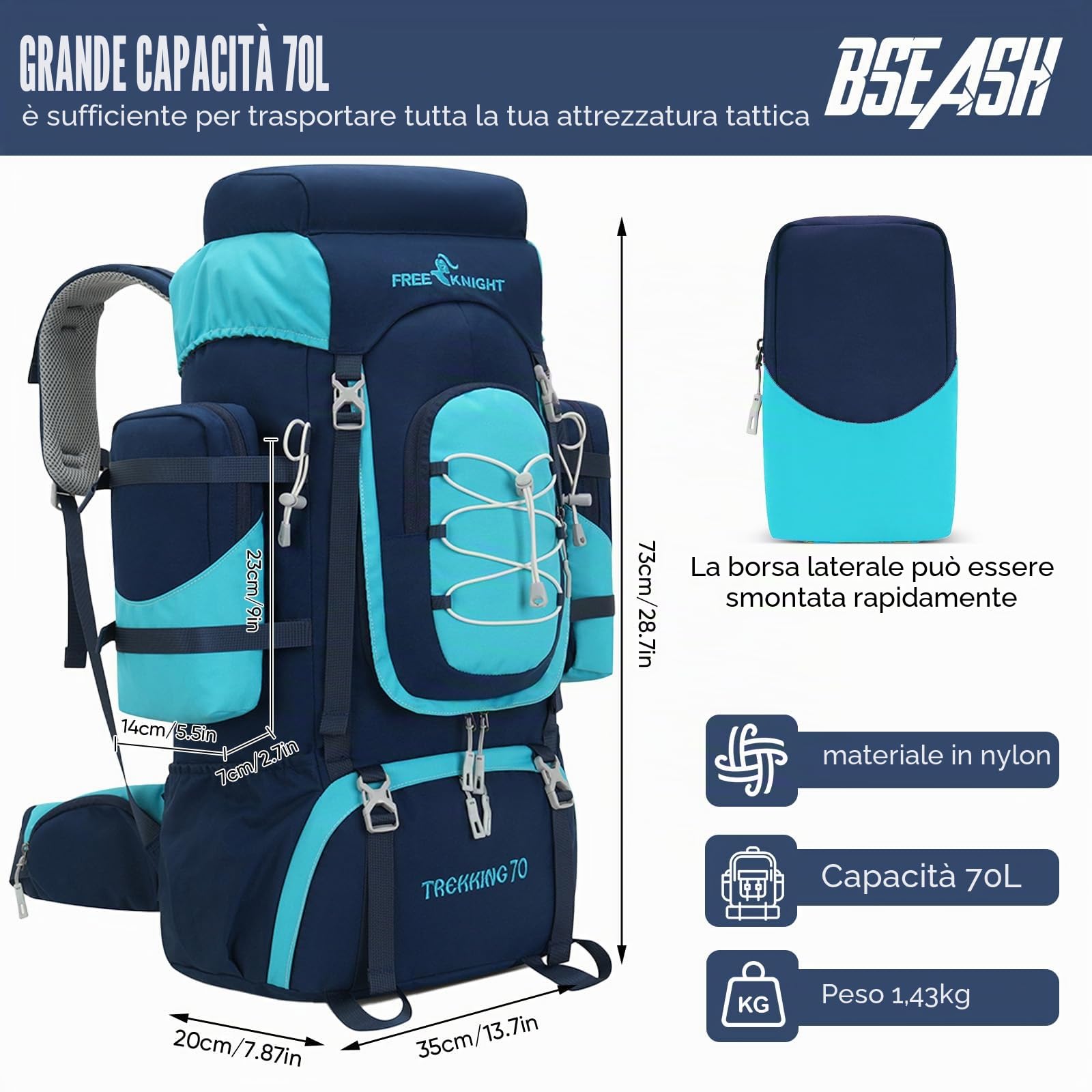 Bseash Zaino da campeggio impermeabile da 70 l (65+5) con copertura antipioggia, zaino da viaggio per sport all'aria aperta per arrampicata Touring