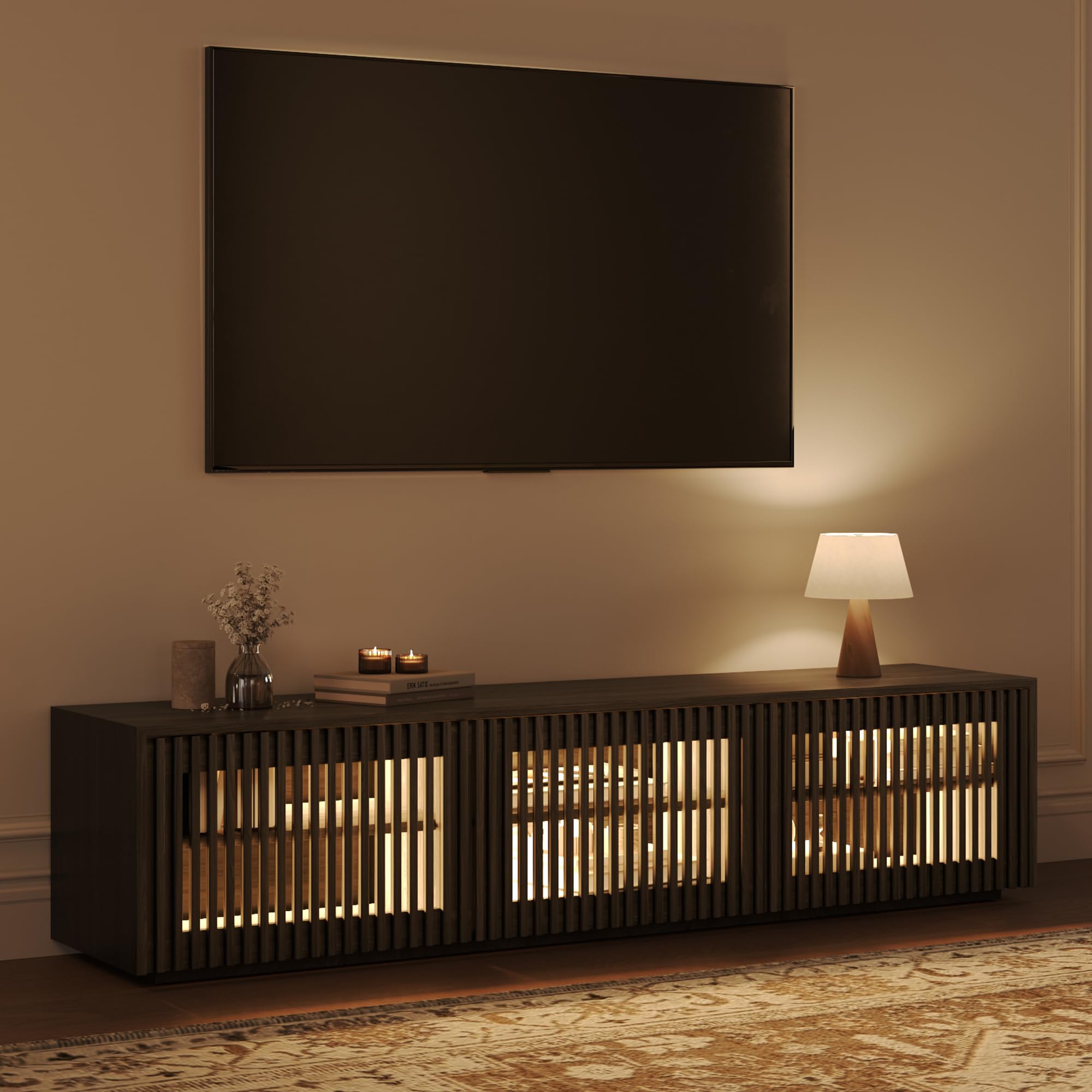 POVISON Mid Century Modern Wood Slatted TV Stand with LED Lights, Media Console for 70+ Inch TV, Entertainment Center with Storage Cabinet for Living Room, Fully-Assembled (Black, 70.87")