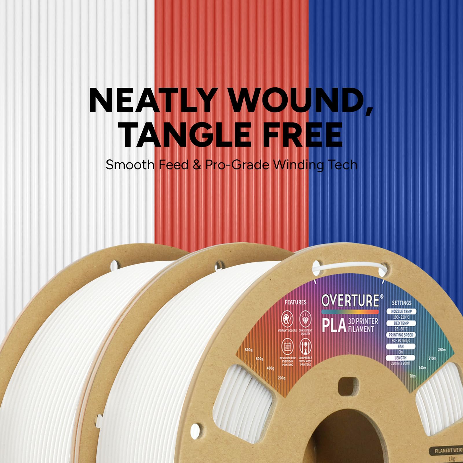 OVERTURE Filamento PLA 1.75mm, 2kg Bobina(4.4lbs), Precisione Dimensionale +/- 0.02 mm, per Stampante 3D (Bianco 1kg*2)