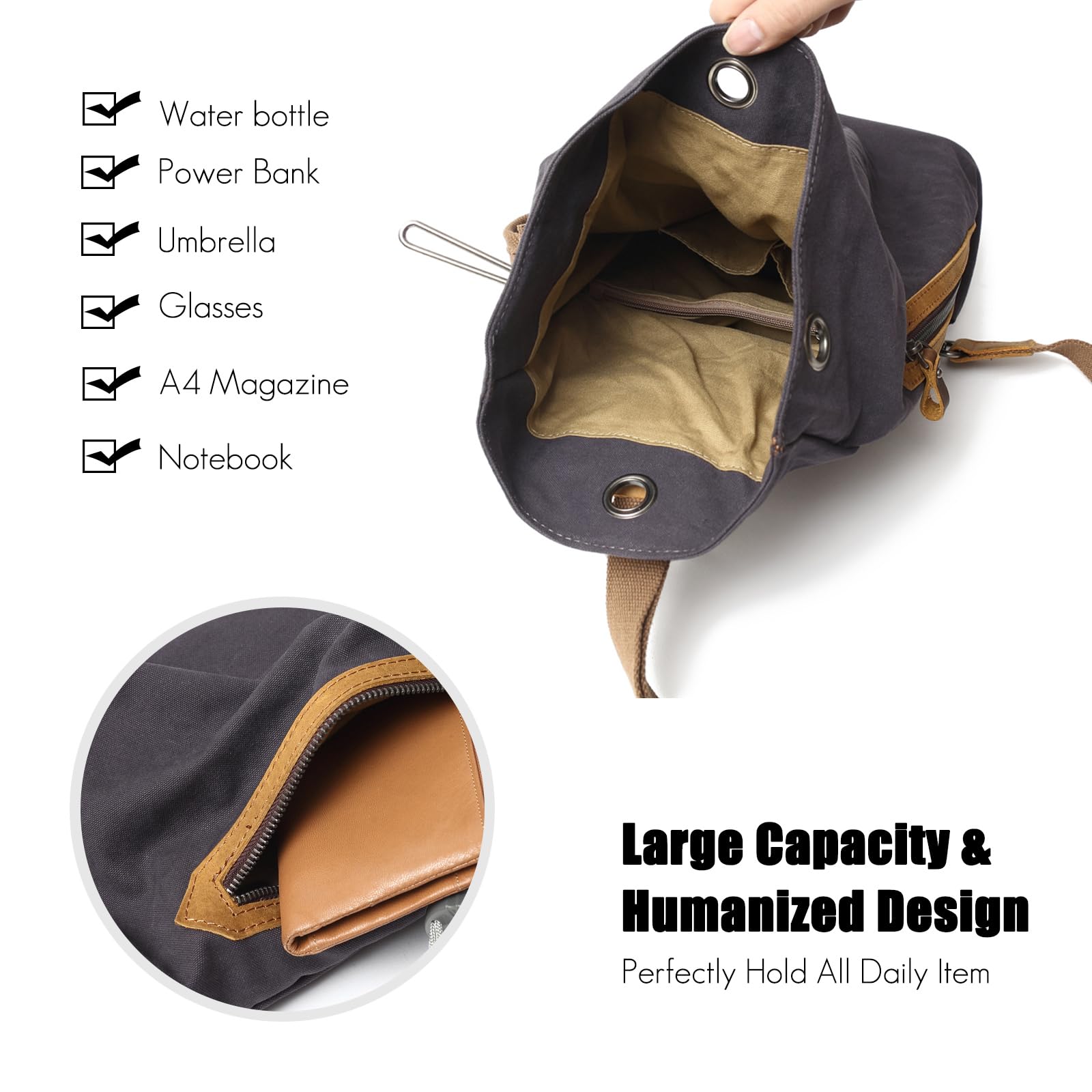 FANDARE Umhängetasche, Unisex Vintage Canvas Brusttasche Bauchtasche, Hände frei Leichte Crossbody Sling Pack für Herren Damen, Brust Crossbody Taschen für Pendler, Reisen, Festivals