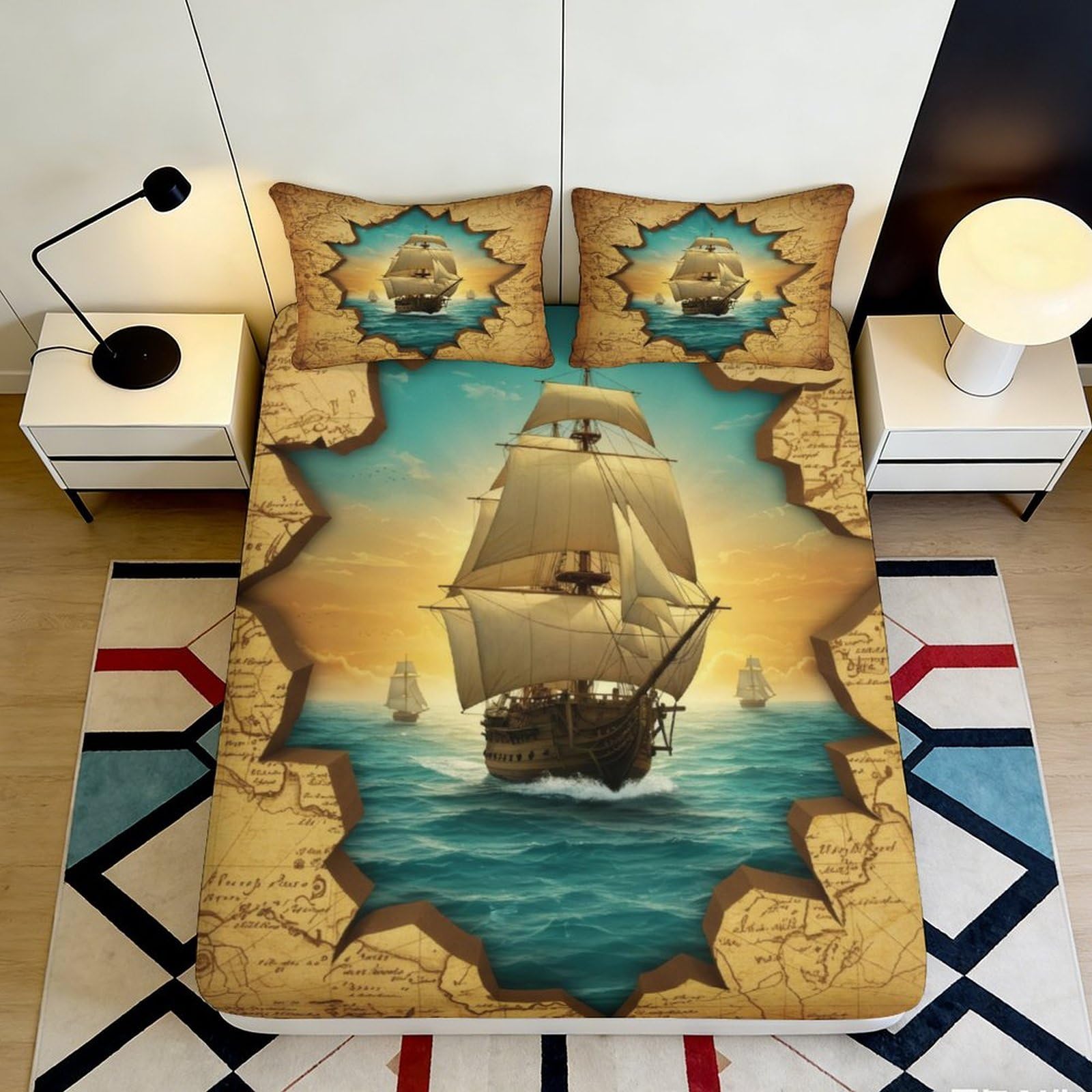3D Printed Vintage Sailing Ship Fitted Sheet Microfiber Soft Breathable Nautical Map Mattress Cover Bedroom Decor 90x200x25cm