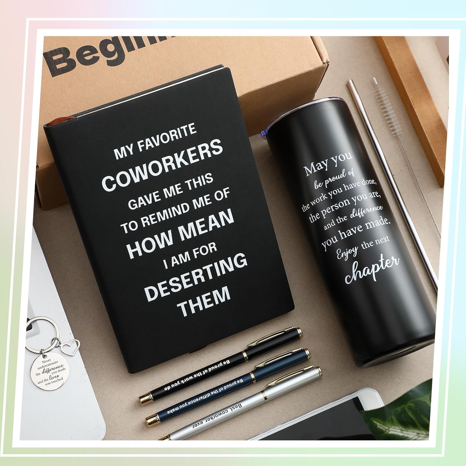 Geiserailie 7 Pcs Farewell Gifts for Coworkers New Beginnings Gifts for Women Retirement Leaving 20 oz Tumbler Notebook Pens Keychains New Beginnings Basket for Women Housewarming Teacher(Black)