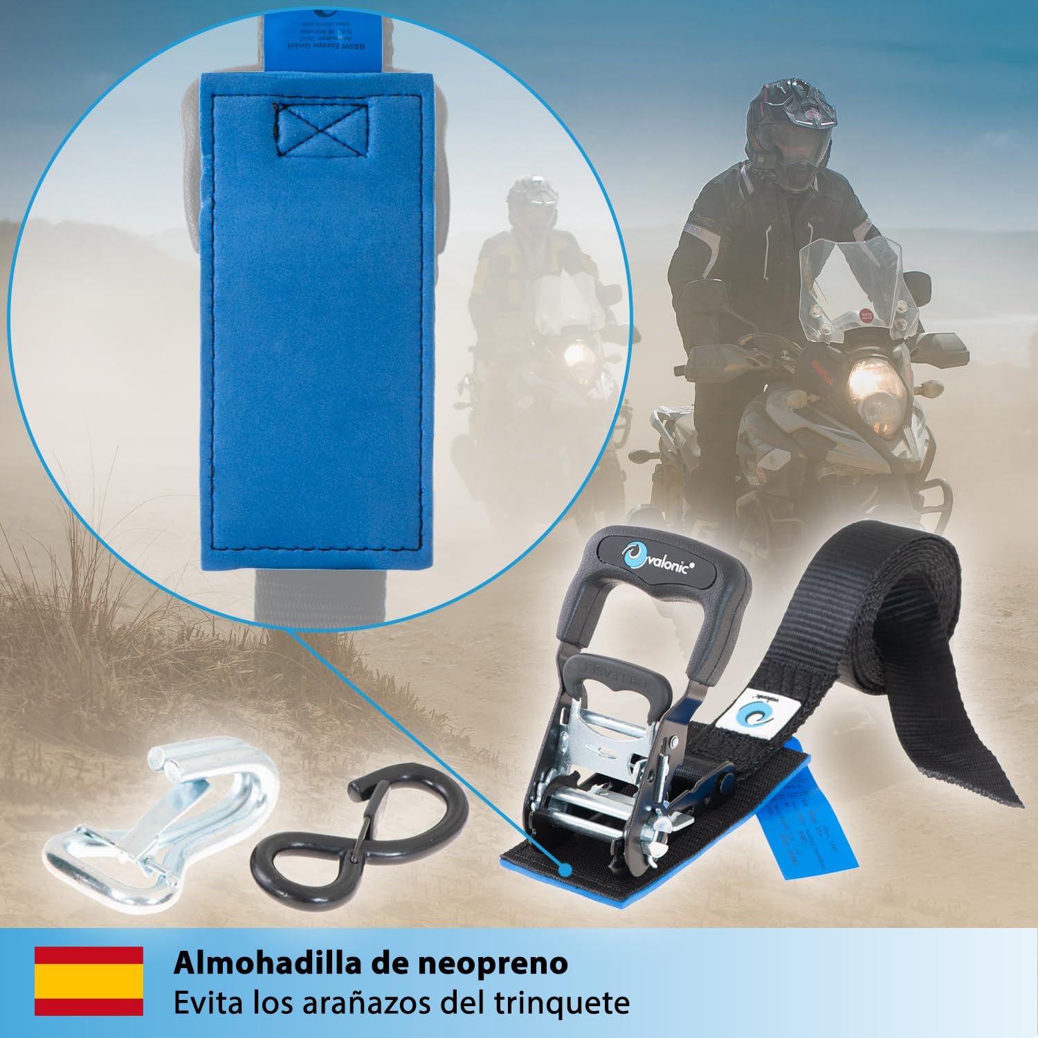 valonic Panther - 2X 2,25m cincha de Amarre con trinquete para Motos, 38mm, 650/1300 Kg, Acolchado, Certificado TÜV Rheinl/GS, EN 12195-2 - Distancia de tensado Corta, para remolques