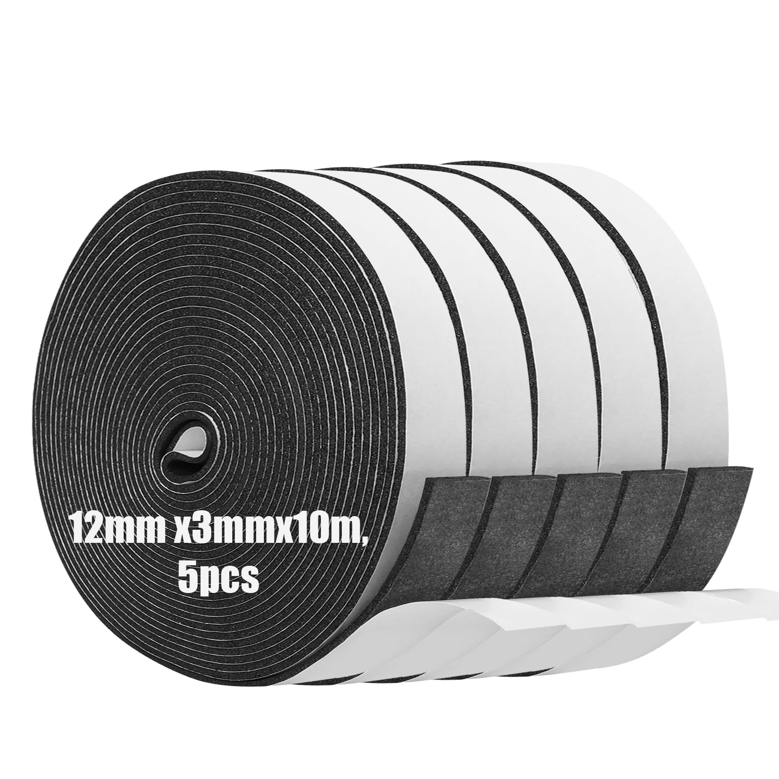 Foam Insulation Tape Self Adhesive,12mm(W) x3mm(T) x10m(L)-5pcs,Weather Stripping for Doors and Windows,Sound Proof Soundproofing Door Seal,Weatherstrip,Cooling,Air Conditioning Seal Strip