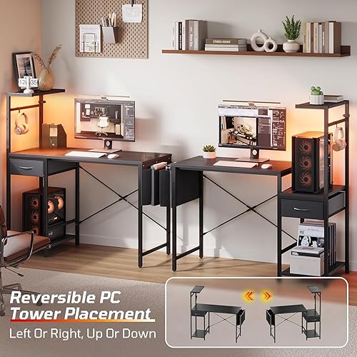 Miniatura 5 de Bestier Escritorio de juegos de 44 pulgadas para espacios pequeños, escritorio reversible para computadora con cajones y estantes, mesa de