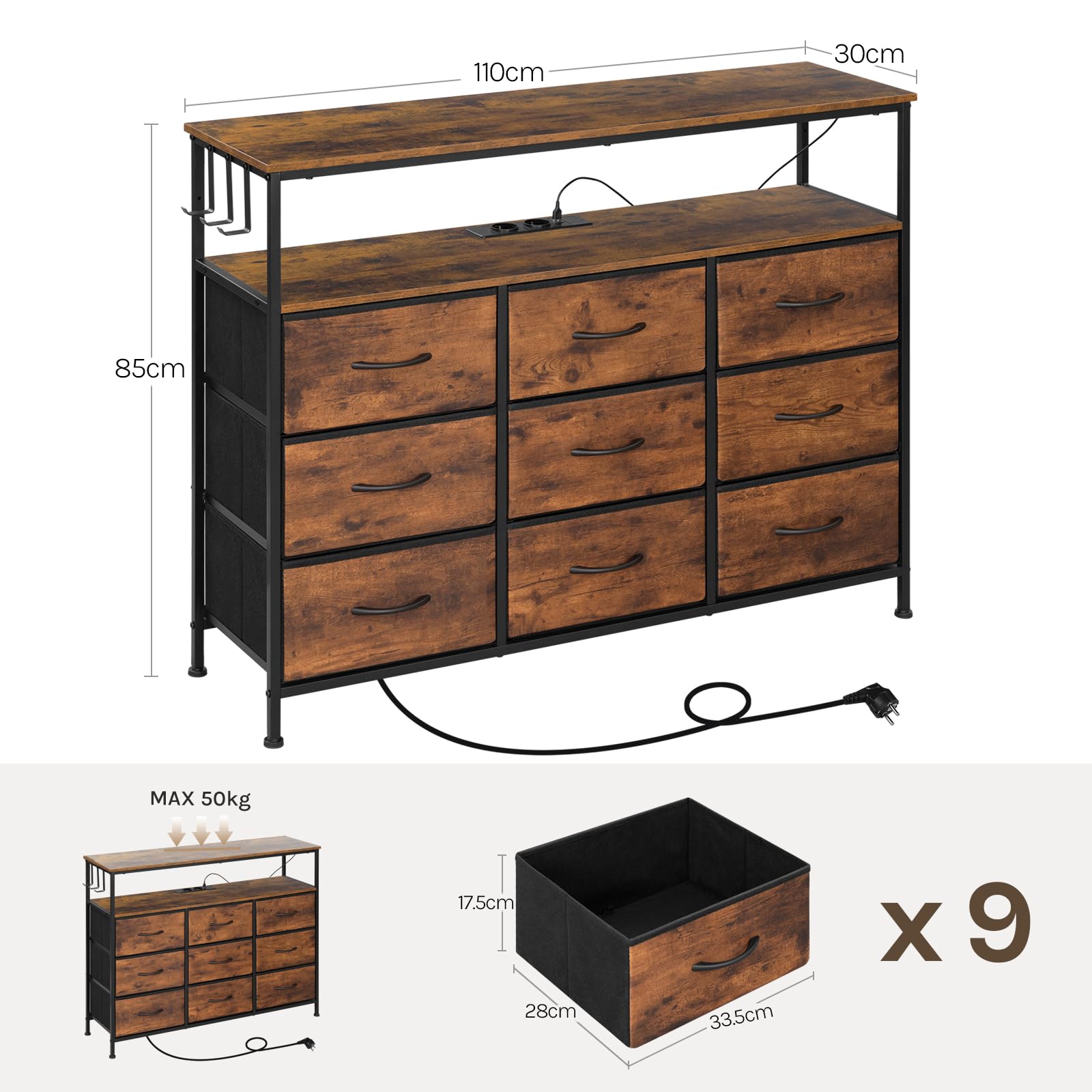 WOLTU Comò 9 Cassetti in Tessuto, Mobile Contenitore | con Multipresa e Illuminazione LED, 3 Ganci Laterali, Struttura in Metallo, 110x30x83,5 cm, Marrone Rustico + Nero