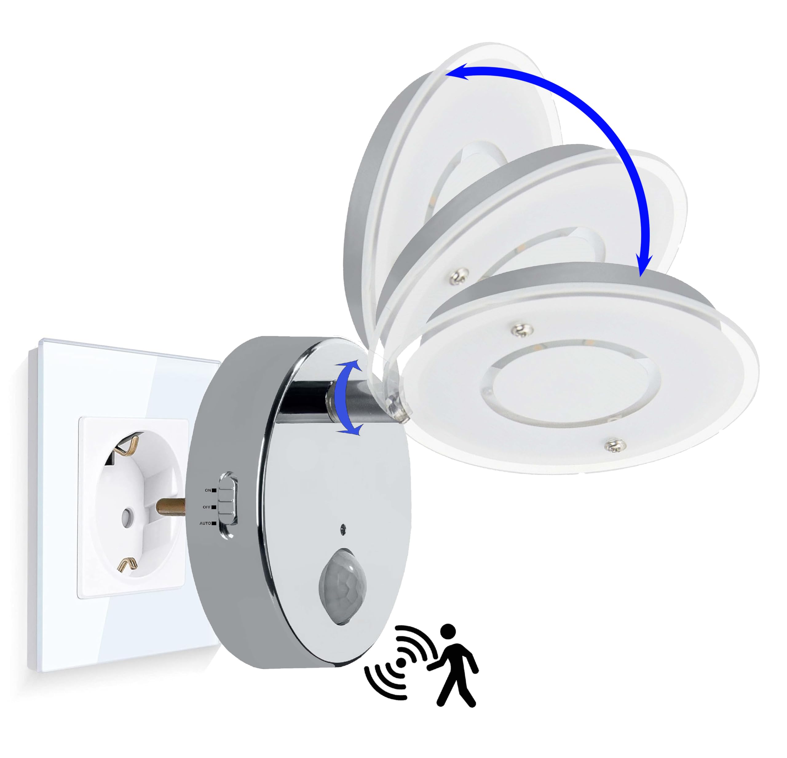 Trango 2er Pack 2636-028 LED Sensor Nachtlicht *NITE* in Chrom mit Automatikfunktion direkt 230V mit Bewegungssensor I Sicherheitslicht I Steckdose Lampe I Wandlampe I Orientierungslicht I Nachtlampe