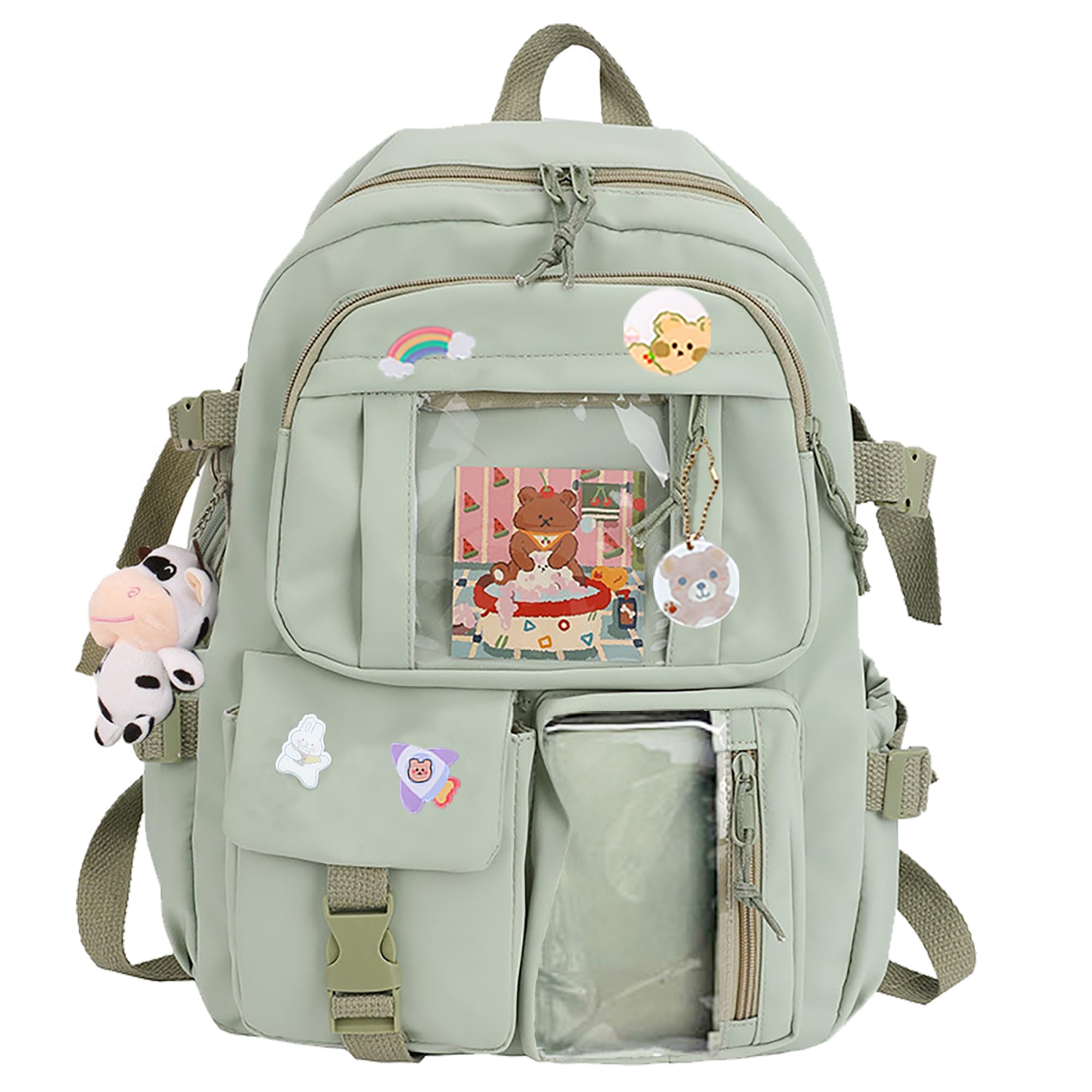 HORHEAR Mochila Kawaii con Lindos Pines Accesorios Alfileres Colgante de Animal de Peluche Kawaii y Tarjetas de Dibujos Animados, Kawaii BackPack, Mochila Escolar