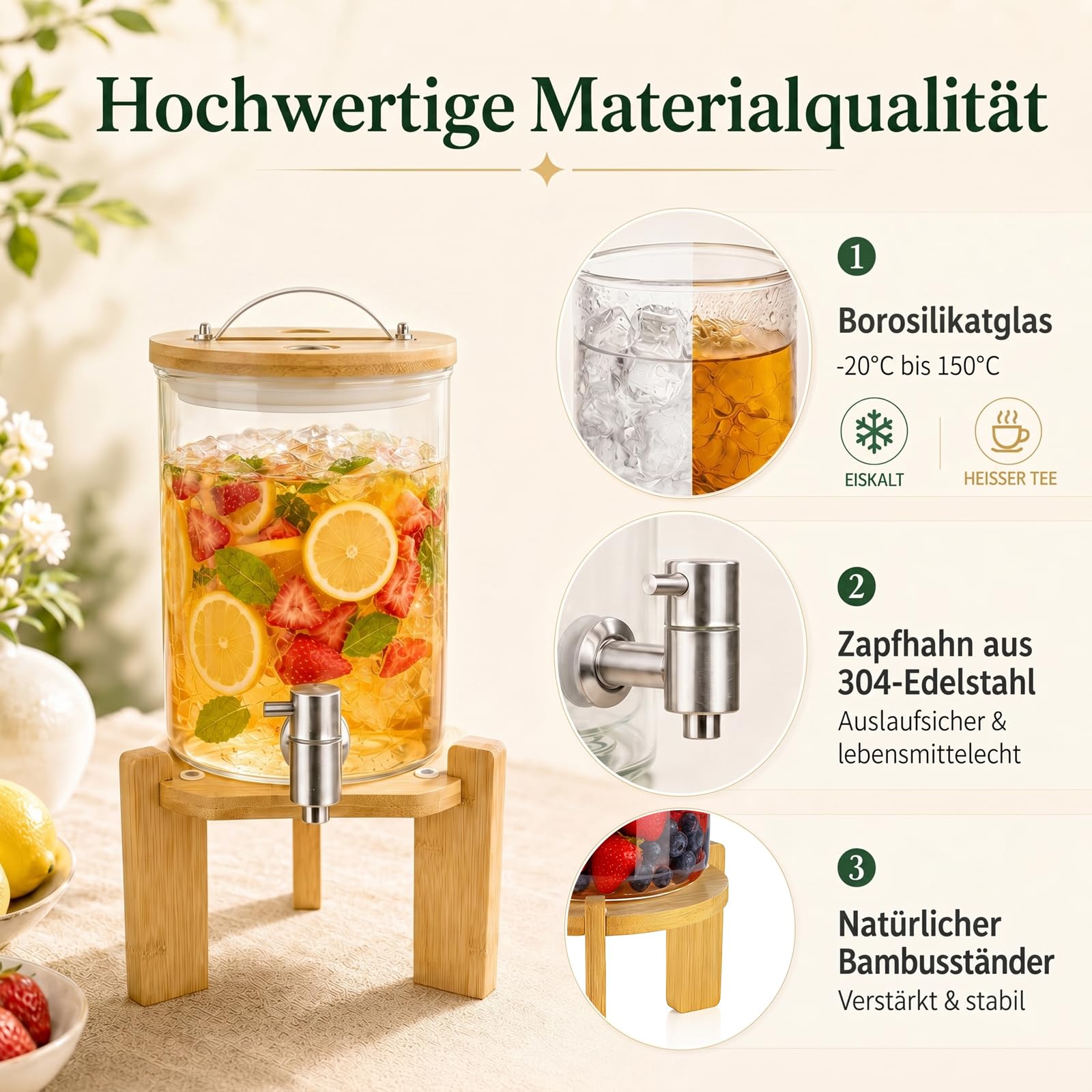 Dozownik do napojów z kranikiem, 3 l, szklany dozownik wody, dozownik wody ze stojakiem, sok lodowy, woda, koktajle, domowy napój do herbaty