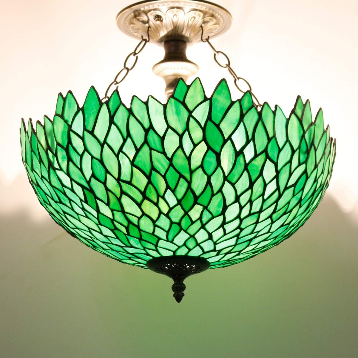 WERFACTORY Tiffany Ceiling Light Fixture Green Wisteria Stained Glass Semi Flush Mount Lamp Wide 16 Inch Height 15 Inch Tiffany Ceiling Lamp S523 Series