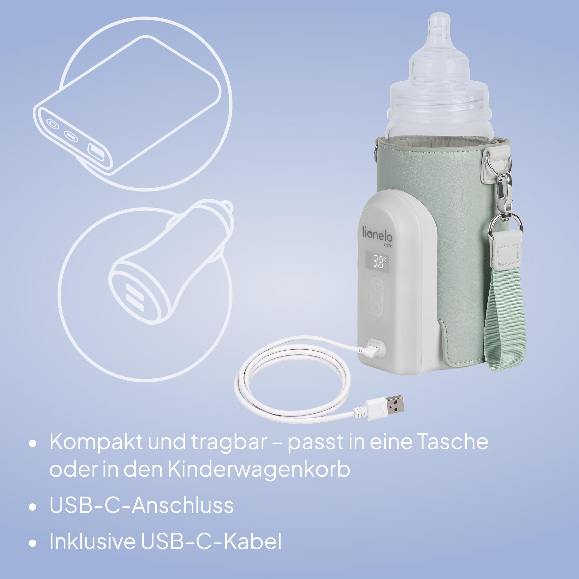 LIONELO Thermup Go Evo Tragbarer Babyflaschenwärmer hält Flüssigkeiten warm | 5 Betriebstemperaturen von 38 bis 50o C, USB-C Aufladung, bis zu 9 Stunden Betrieb, LCD Display
