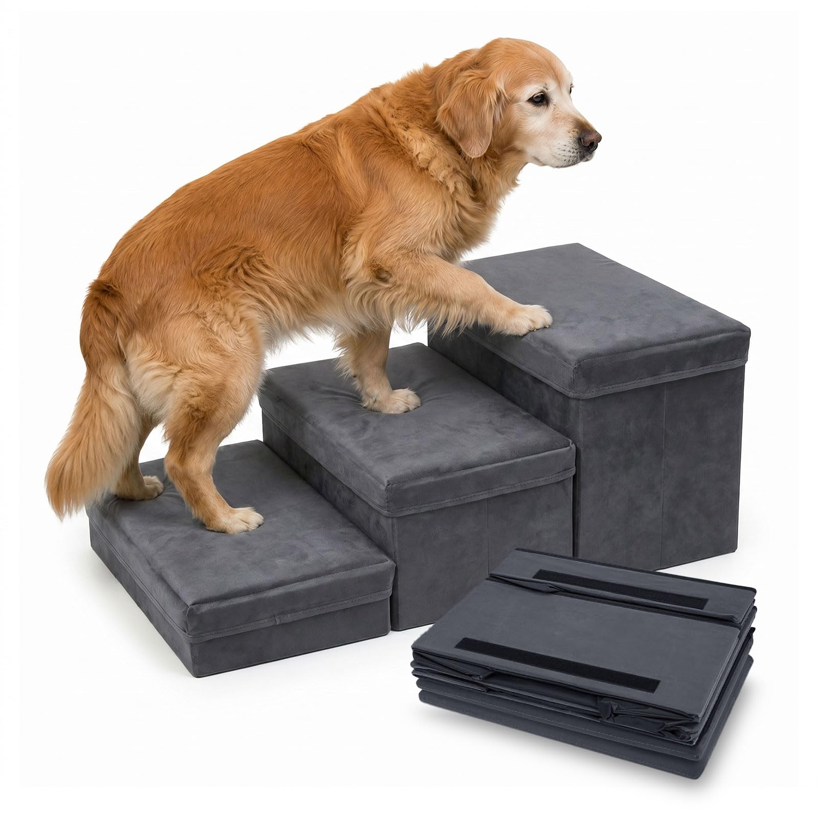 Hundetreppe mit Stauraum 3 Stufen Faltbar 75x40x30cm - Rutschfeste Haustiertreppe für Bett und Sofa - Extra Breite Hunderampe für Kleine und Große Hunde Katzen - Stabile Dog Stairs Dunkelgrau (Grau-3)