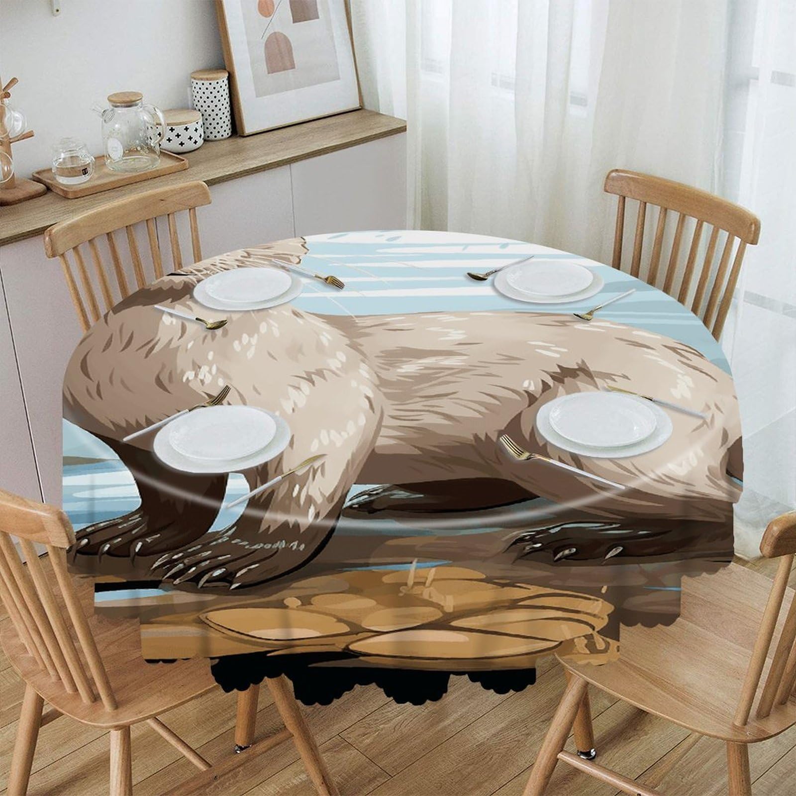 VstaDank Otter Round Tablecloth Wipeable Round Polyester Tablecloth Waterproof Wrinkle Free Indoor and Outdoor Table Cover 60 Inch Decorative Farmhouse Table Cloth for Dining
