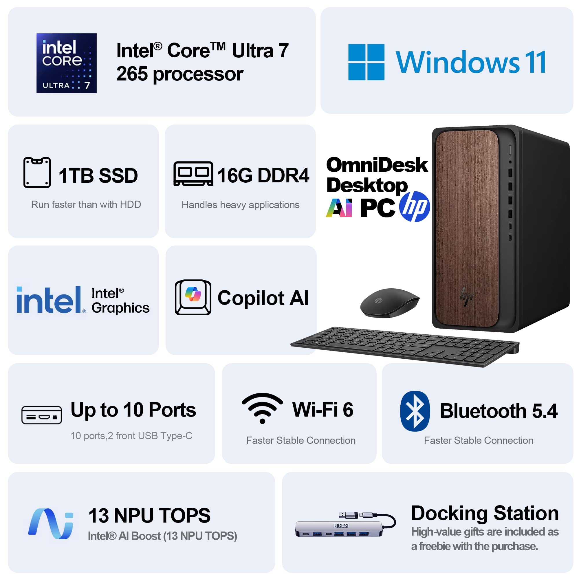 HP OmniDesk Desktop Computer – Intel Core Ultra 7 265,32GB DDR5 1TB SSD,Sleek Dark Wood Design, AI-Ready Performance, Windows 11 Pro with Dockstation - 4