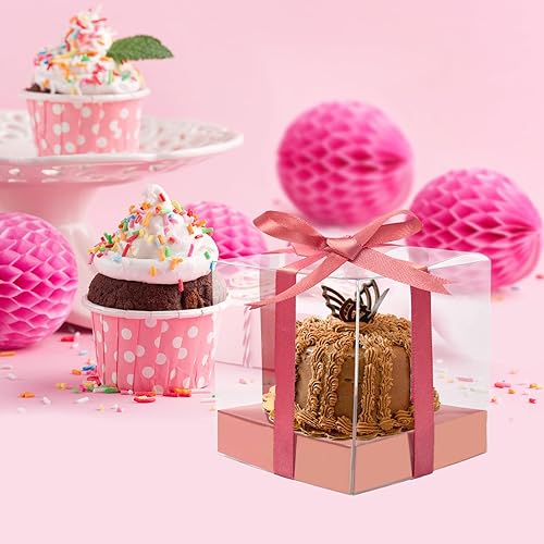 Vista 23 de Paquete de 12 cajas de plástico transparente para cupcakes, contenedores individuales dorados de 3.5 pulgadas, desechables individuales para tartas