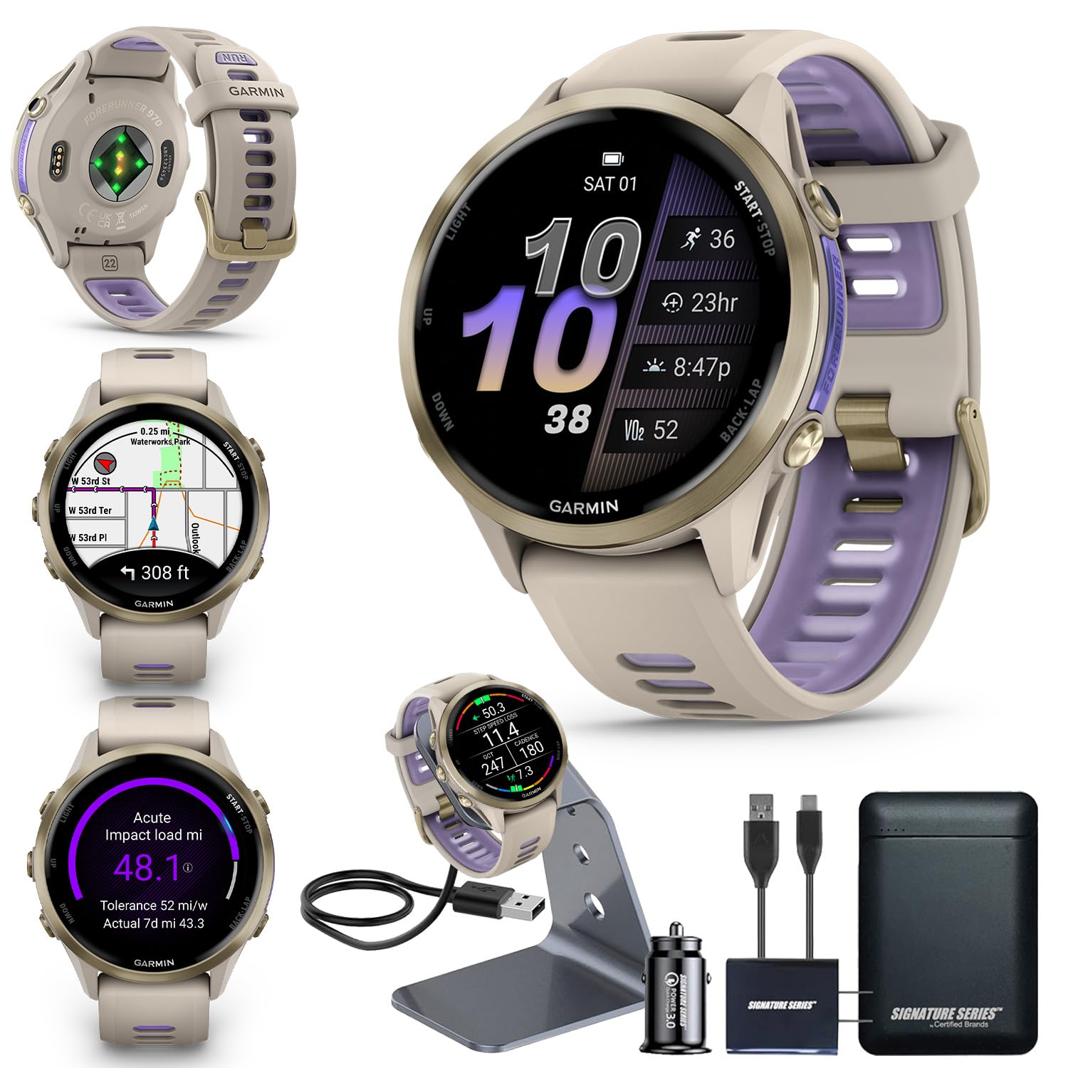Garmin Forerunner 970 GPS Running Smartwatch, French Gray | Premium Training & Recovery, Sleep Coach, Heart Rate, Download Music, Up to 15 Day Battery | Signature Series Power Bundle