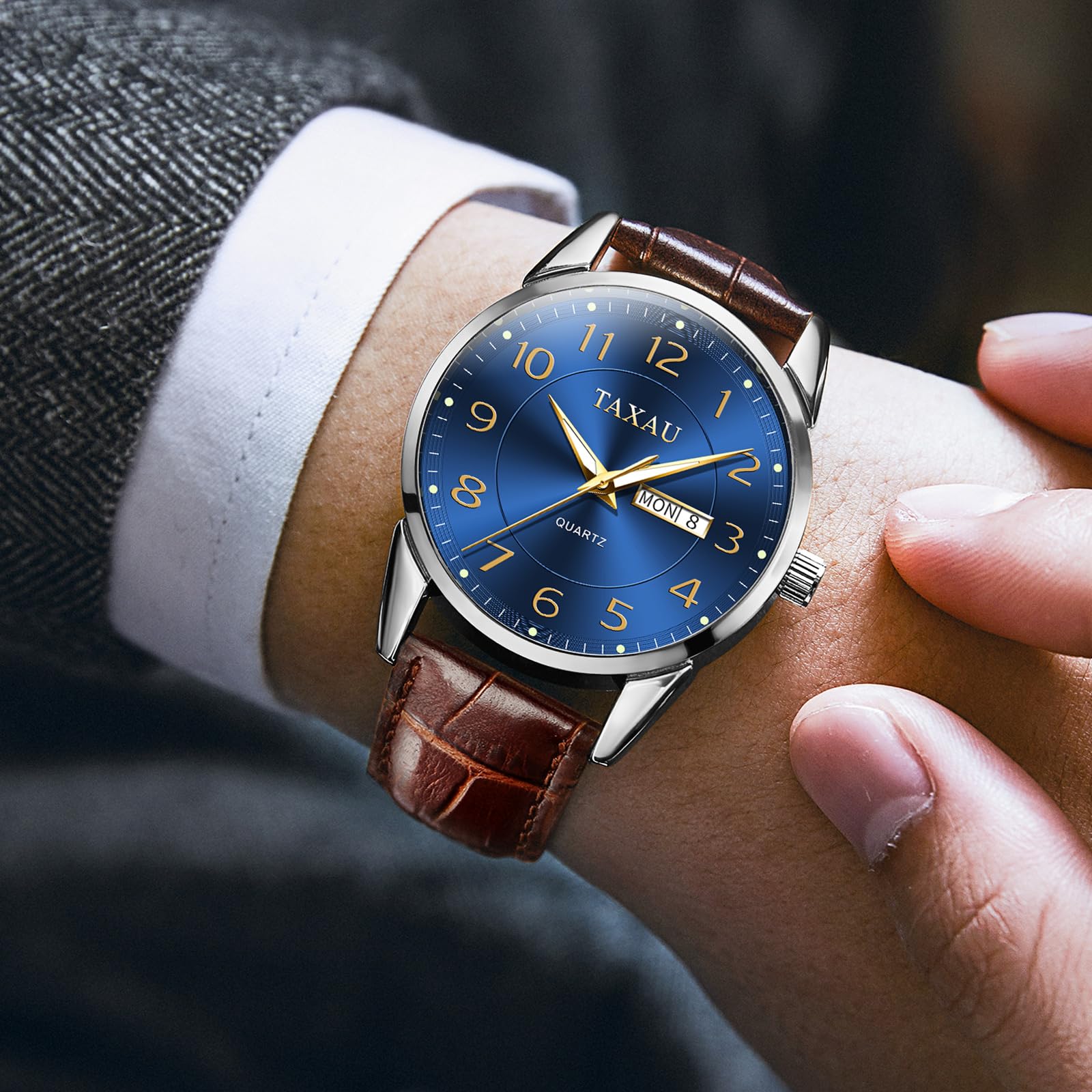 Taxau Herren Armbanduhr Leder Herrenuhr Lederarmband Uhren Herren Großes Zifferblatt Tag Datum Herrenarmbanduhr Wasserdicht Uhr Lässig Business Uhr für Herren