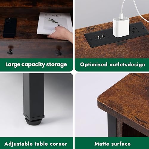 Miniatura 4 de Mesita de noche de 27 pulgadas de ancho, mesita de noche grande de madera con 2 cajones, mesita de noche LED con estación de carga y cajón