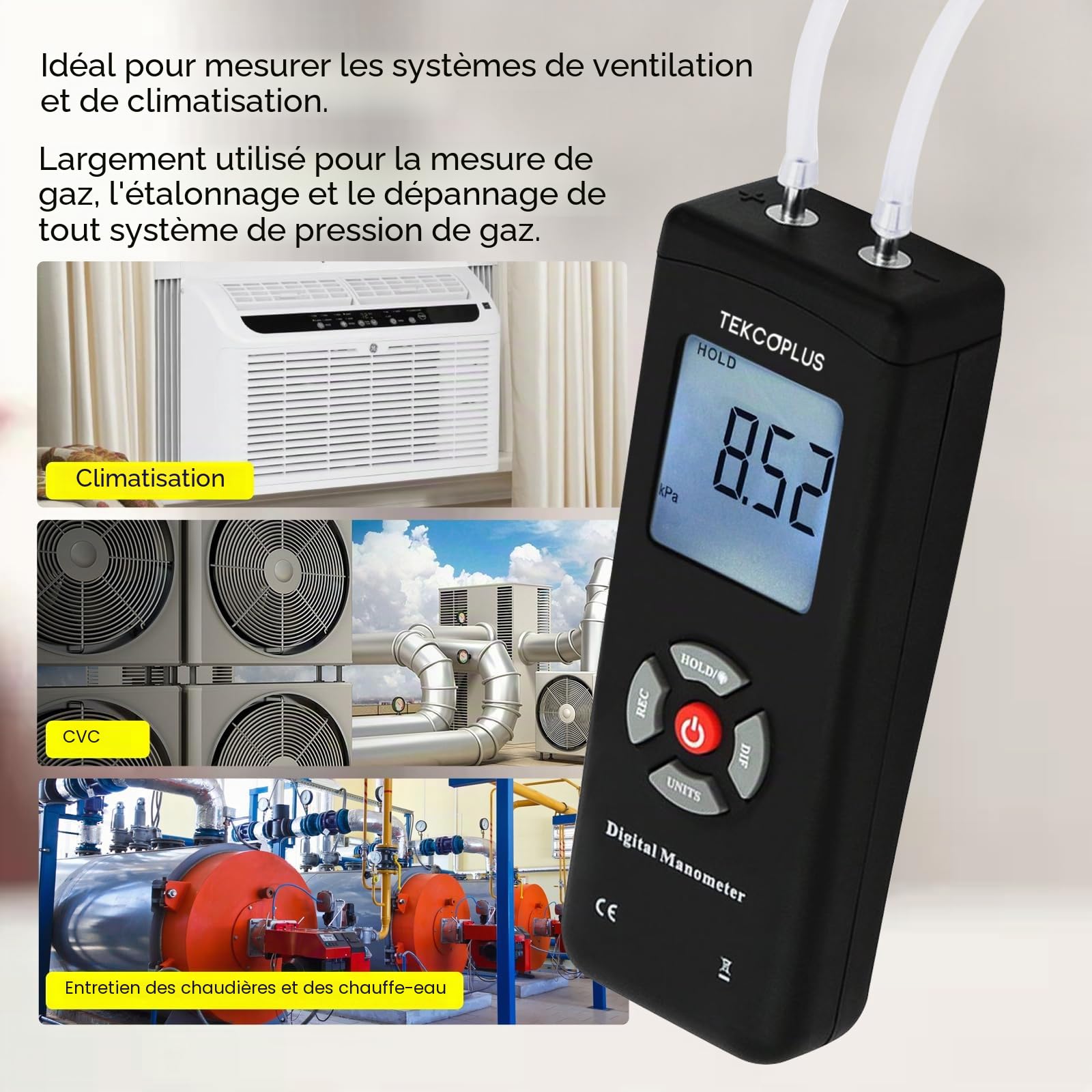 Manomètre, Testeur de Pression du Gaz à Double Port, Manomètre Numérique Professionnel pour HVAC, Mesureur de Pression de l'Air, Manomètre Différentiel avec Écran LCD Rétroéclairé, Tuyau de Rallonge