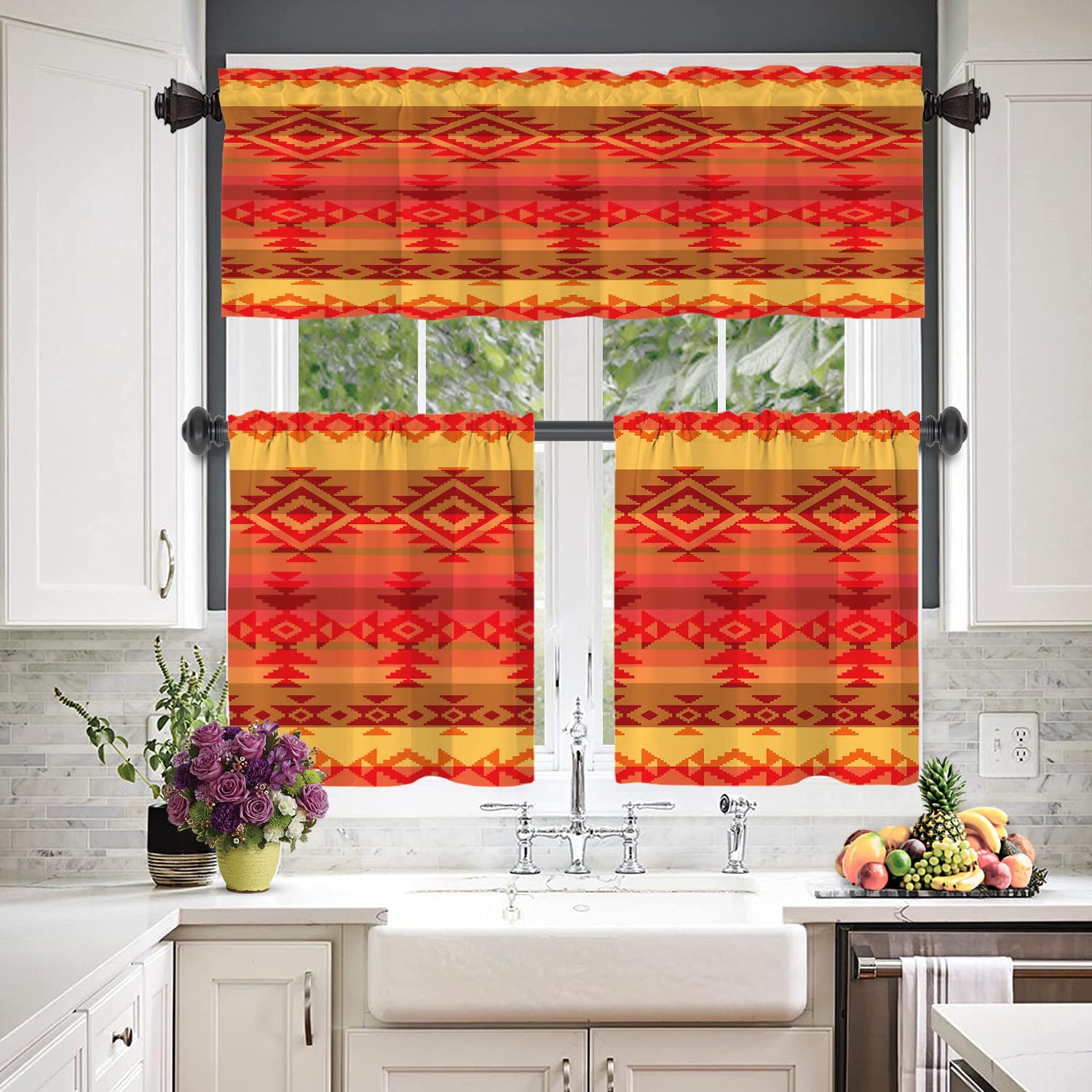 BaoNews Ethnic Hipster Geometric Kitchen Valances for Windows,Traditional American Indian Style Blackout Valances Curtains Multilayer Polyester Drapes for Kitchen Bedroom 1 Pack 52X18 Inches