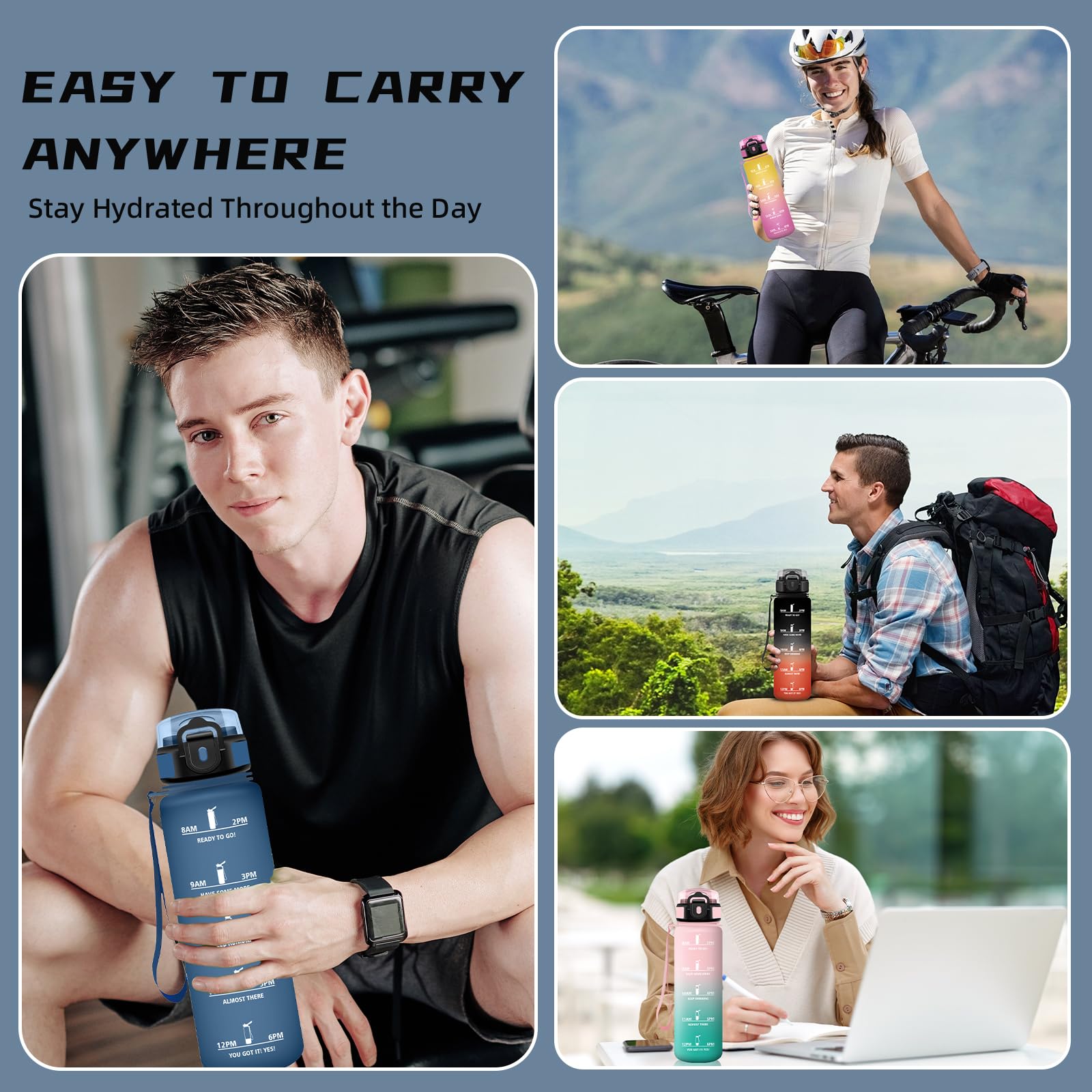 Grsta Borraccia 1 litro, Borraccia con Cannuccia, Senza Perdite, Palestra, Facile da Trasportare, Motivazionale, Con Slogan Motivazionale, Borracce per Scuole, Fitness, Campeggio, Yoga