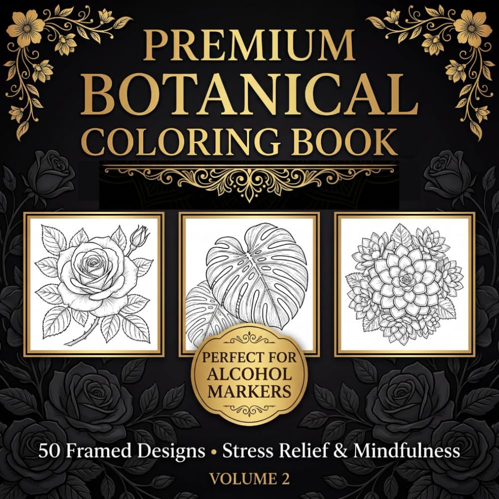 Premium Botanical Coloring Book: 50 Framed Floral Designs for Alcohol Markers with BLACK Separator Pages - Garden & Nature: Bold Lines | 8.5x8.5" | Perfect for Copic & Ohuhu