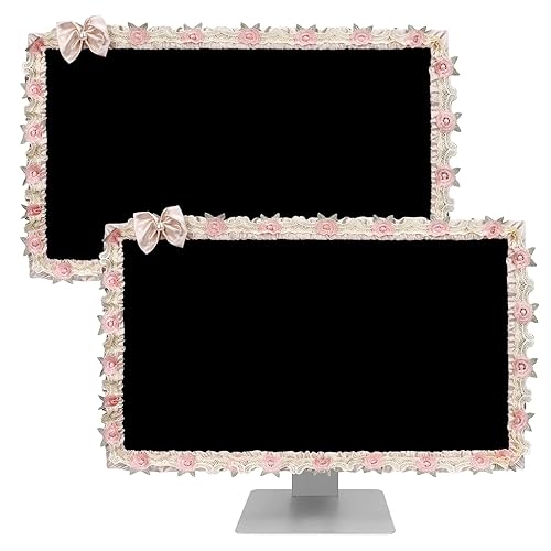 ReignSword 2 Pcs 23''-26'' Cute Computer Monitor Cover with Bow Tie, Lovely Computer Accessories with Lace Design, Monitor Dust Cover Protector (Beige) - Beige