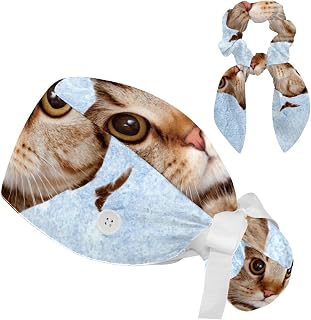 FVQL 2 Pieces Surgical Cap for Long Hair Scrub Cap with Hairband Nurse Cap, Funny cat