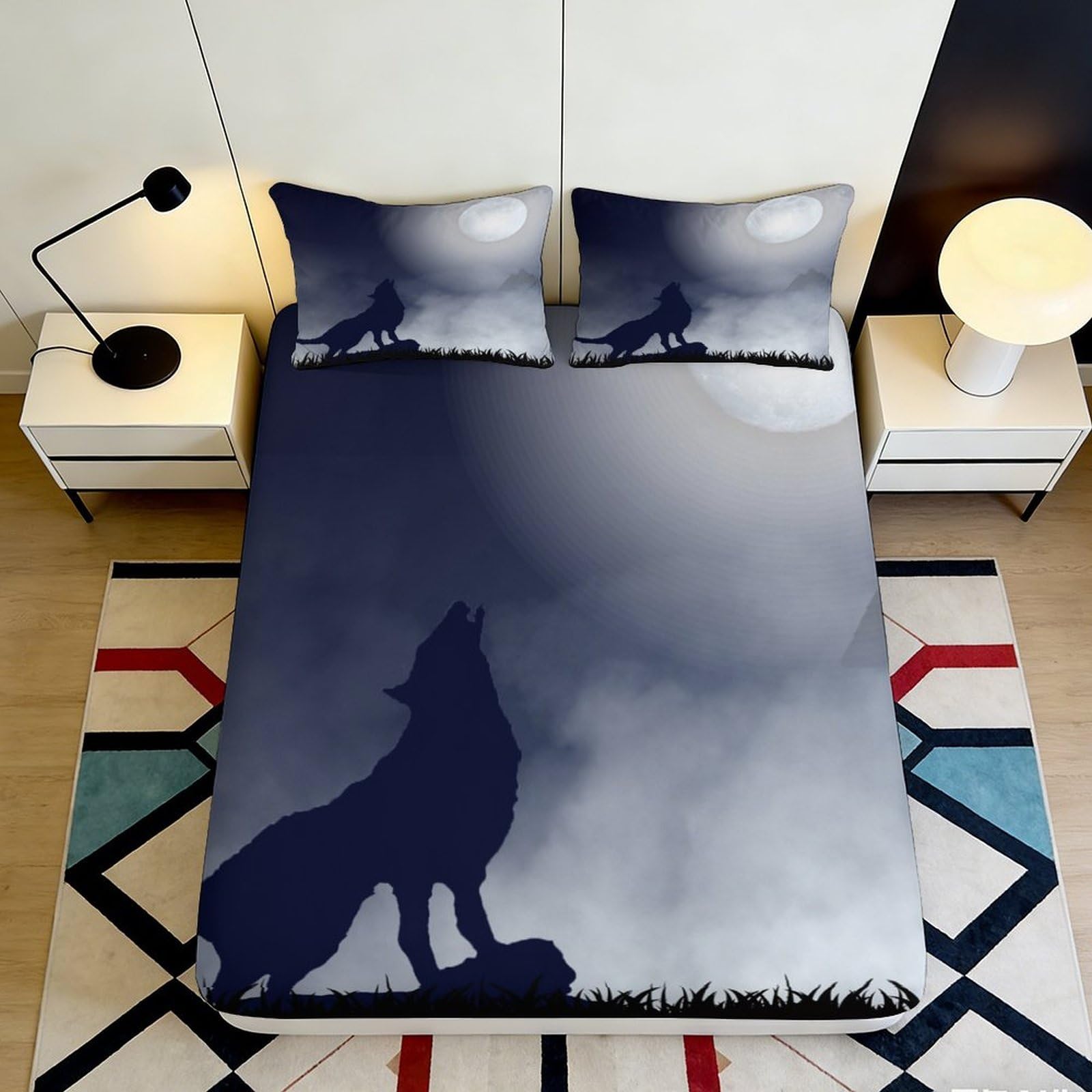 3D Printed Wolf Moon Fitted Sheet Microfiber Deep Blue Night Howling Silhouette Mattress Cover Bedroom Dorm Easy Care 180x200x25cm