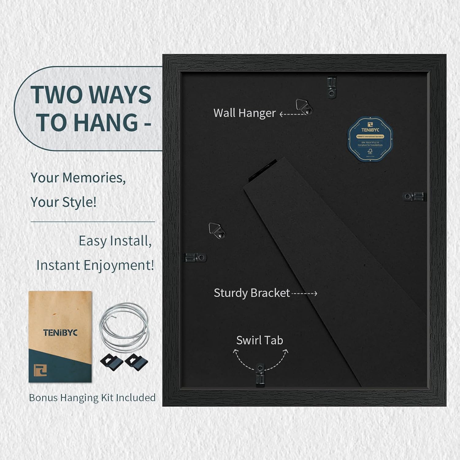 8.5x11 Picture Frame Set of 3 - Black Woodgrain, Solid Wood & HD Tempered Glass, Table Display or Wall Hanging - Image 3