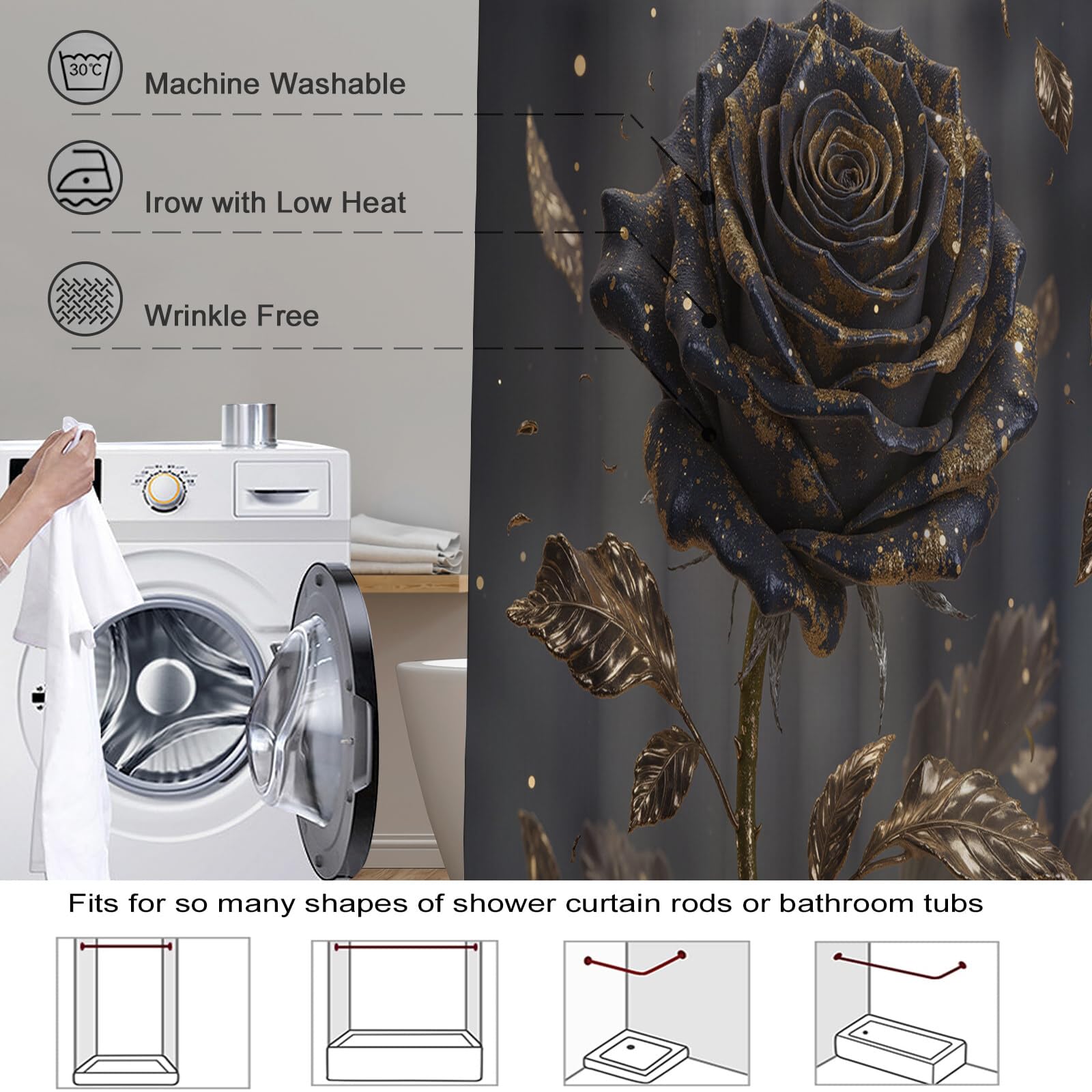 Rideau Douche,Rideau Baignoire Lavable en Machine Rideaux Douche Tissus Lavable Rideau De Baignoire Lavable pour Salle De Bain Domicile Baignoire Famille,Rose Fumée,