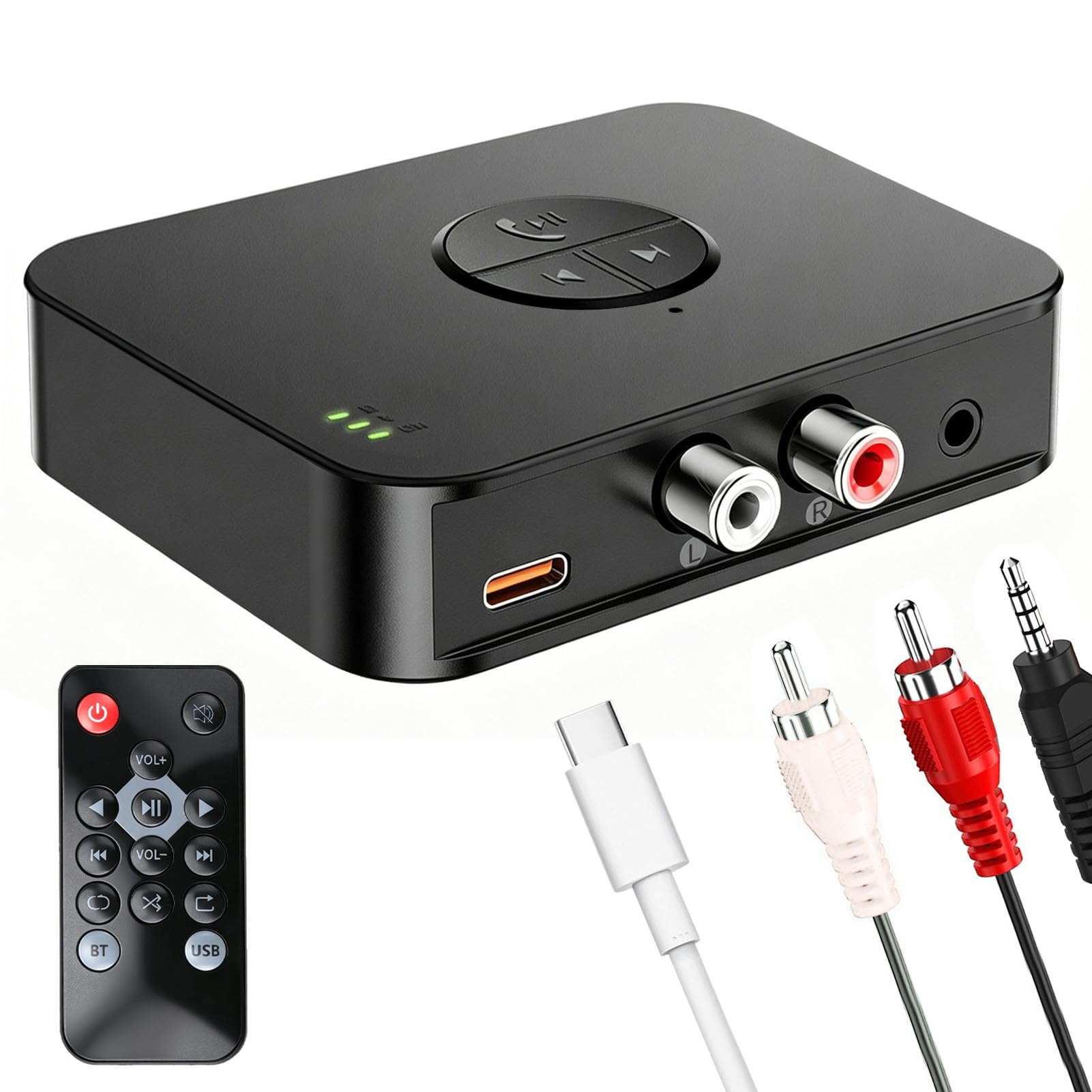 Receptor Bluetooth 6.0 HiFi, Adaptador Audio USB-C Bluetooth Inalámbrico con Jack 3.5 mm y 2RCA para Tablet Smartphone Coche Altavoz Stereo, Conexión Estable y Baja Latencia