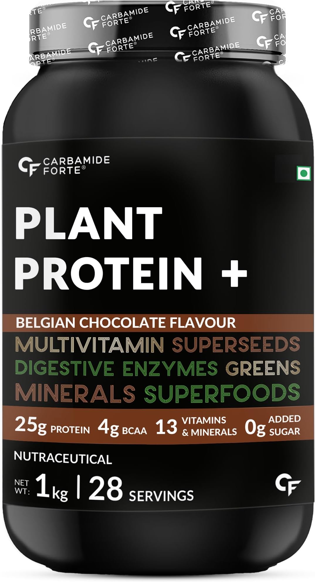 Carbamide Forte Plant Protein Powder For Men - Plant Based Protein Powder with Multivitamin, Minerals, Superfoods, Pea Protein, Digestive Enzymes - Belgian Chocolate Flavour - 1kg