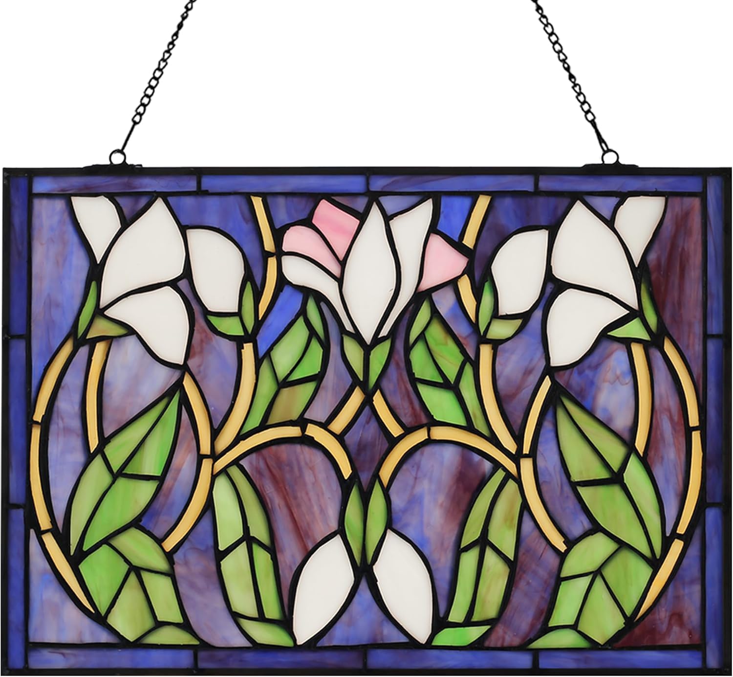 Rectangular Stained Glass Window Hanging Tiffany Style Handmade 16" X 11" Transom Window Panel Housewarming Gift Living Room Bedroom Kitchen Window Decor Hangings with Chain (Lily)