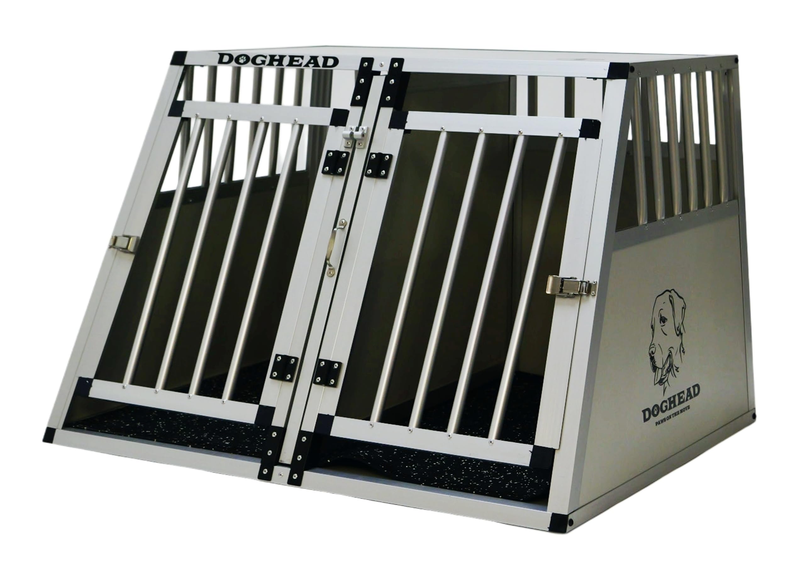 DOGHEAD Hundetransportbox Comfort, Double 95x75x63 cm EG, Schwarz, Aluminium, Vorne 65°Grad Winkel abgeschrägt, hintenn 90° Grad (gerade), Trennwand mit Griff, für kleine Kombis geeignet