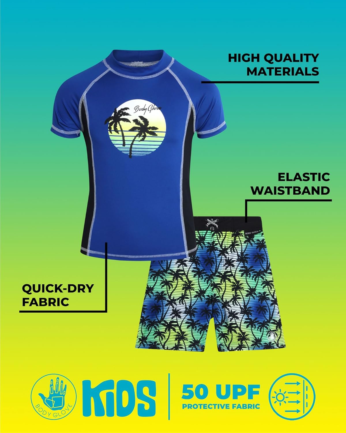 Body Glove Boys Swim Set - 2 Piece UPF 50+ Swim Trunks and Rash Guard for Boys Kids Swimwear Set (Sizes: 4-12), Size 5, Royal Blue Palm Trees - Image 2
