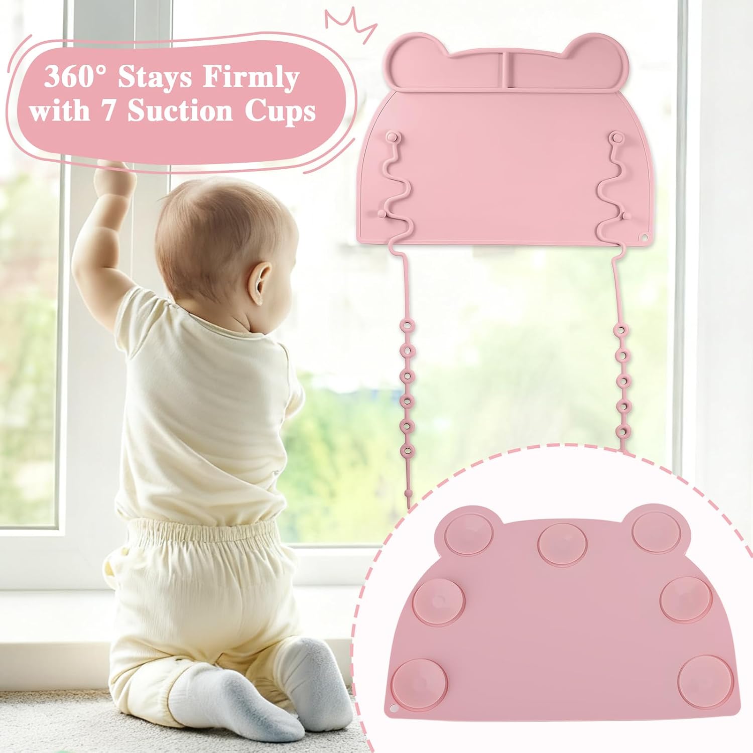 2 Pack Silicone Placemat for Toddlers with Suction Cups & Toy Straps, Busy Baby Mat for High Chair, Restaurant & Travel, Easy Clean Non-Slip Baby Feeding Mat（Blue&Pink） image 4
