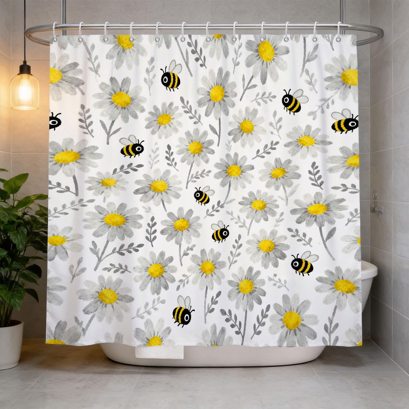 Hongduo 3D Cartoon Bee Shower Curtain for Stalls Bathtubs Watercolor Style Bathroom Decor Shower Curtain Set Polyester Fabric Waterproof 180x180cm/71X71 Inch with Hooks