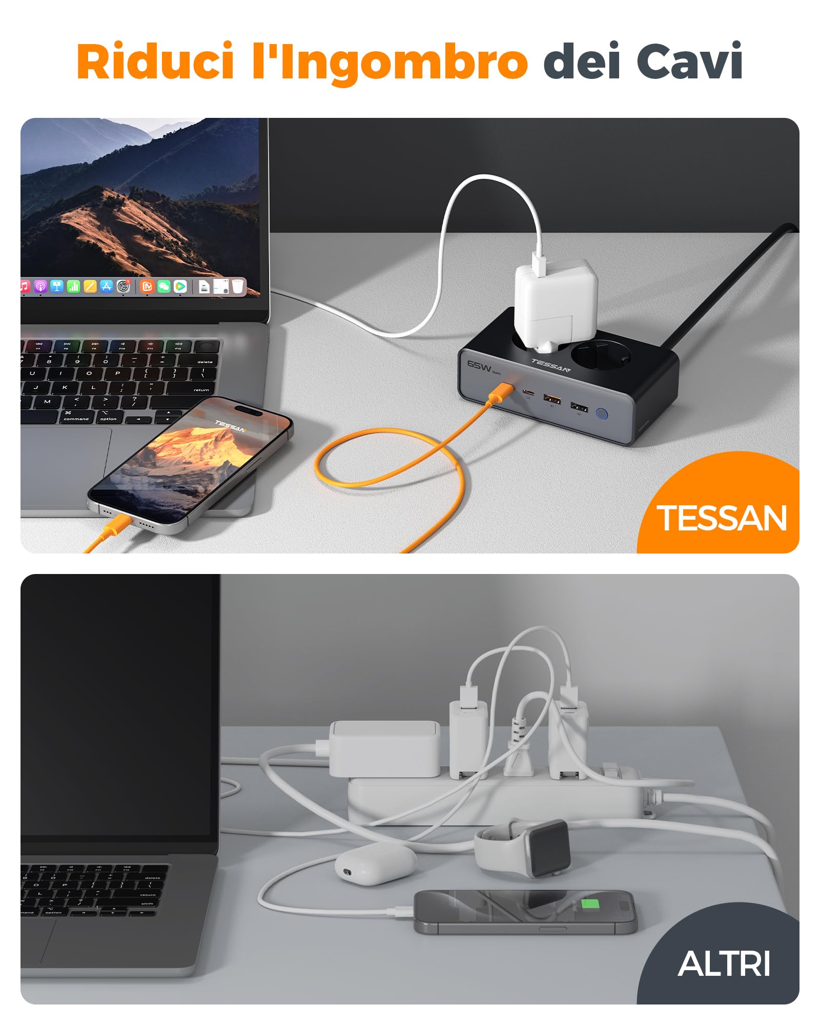 TESSAN Caricatore USB C, 6-in-1 Alimentatore con 2 prese CA, GaN PD 65W Caricabatteria Carica Rapida con interruttore, Presa USB con cavo di prolunga da 1,5 m per telefoni cellulari, tablet e laptop