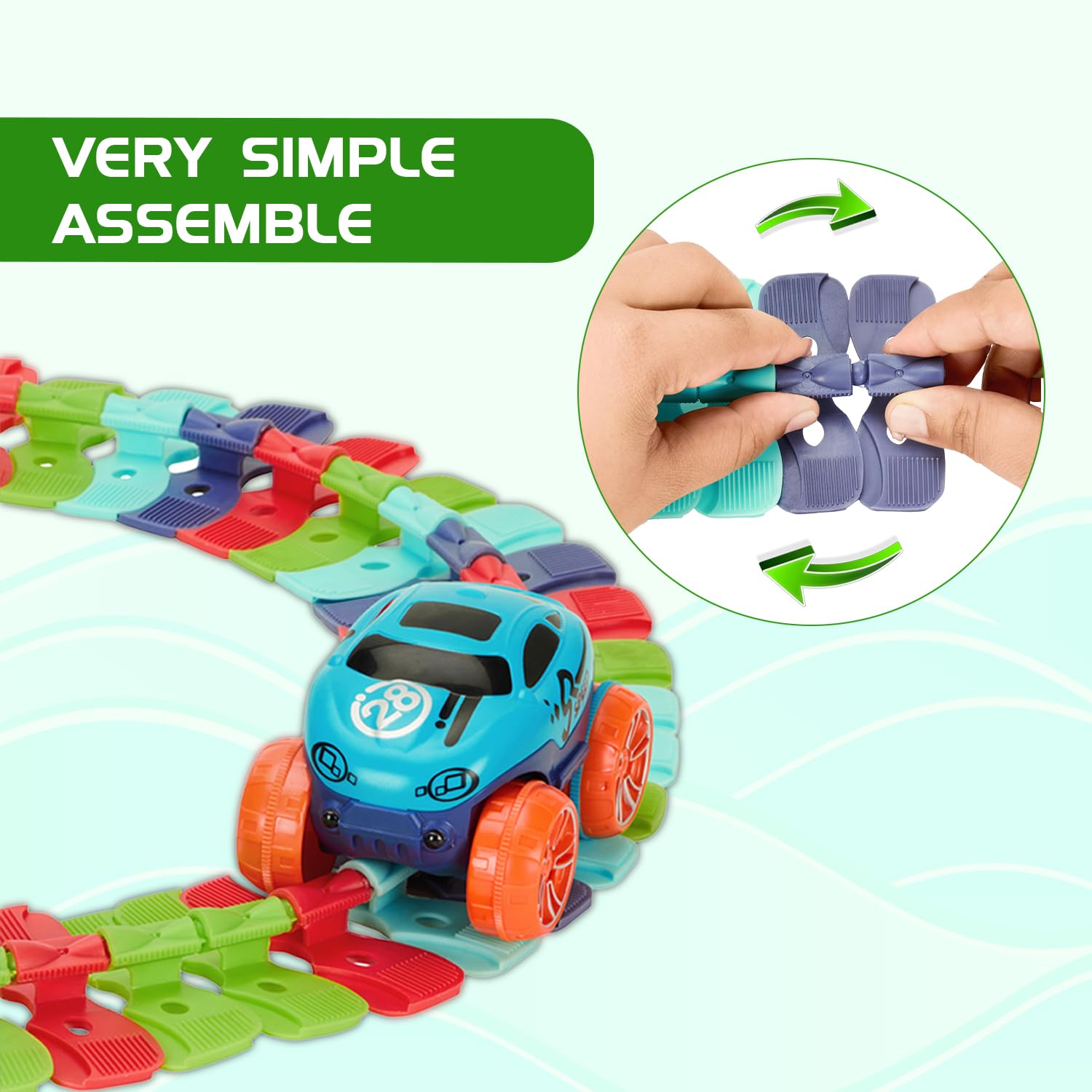 Amazon Brand - Jam & Honey - Monster Wheels Track Set - 102 Pcs Anti Gravity Toy Endless DIY Flexible Bends Track with Light-Up Mini Monster Truck for Kids' Racing Adventure 2
