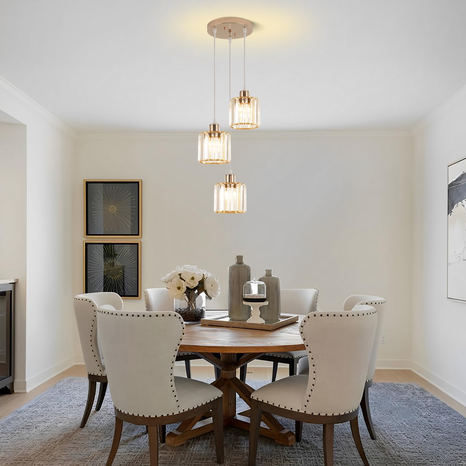 Pendelleuchte Esstisch Pendellampe Kristall, 3 Flammig Gold Kronleuchter Modern Hängelampe Kristall Pendelleuchte Höhenverstellbar E27 Fassung Hängeleuchte für Wohnzimmer Küche Schlafzimmer Flur