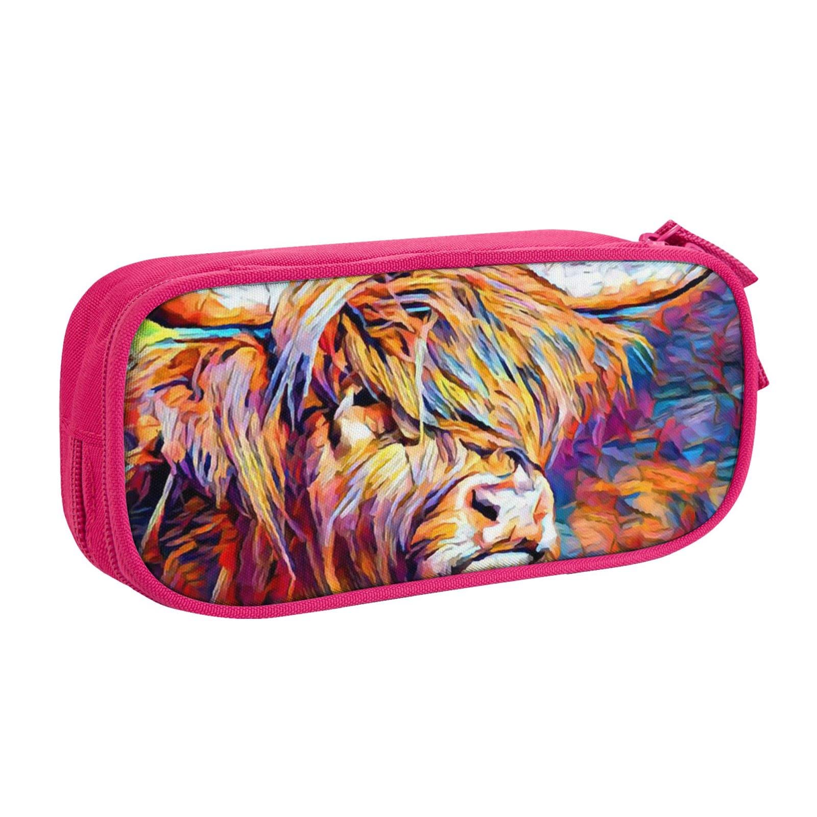 WEISUPG Large Pencil Case for Boys and Girls, Highland Cow Pencil Cases with Big Compartments for School Stationary Office and Travel Pink