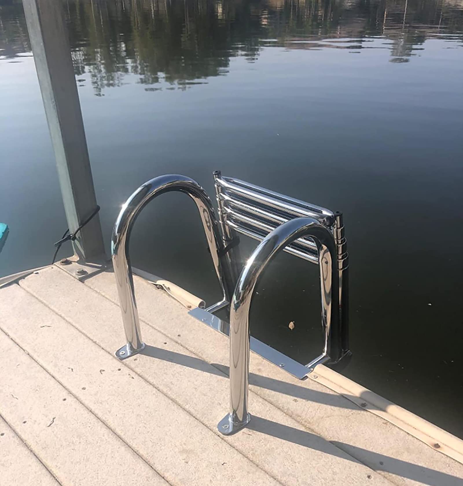 Boat Ladders 4 Step Folding Outboard with Hand Rails, Heavy Duty Stainless Steel Telescoping Ladder for Marine Yacht/Bass Boat/Swimming Pool, Top Mount