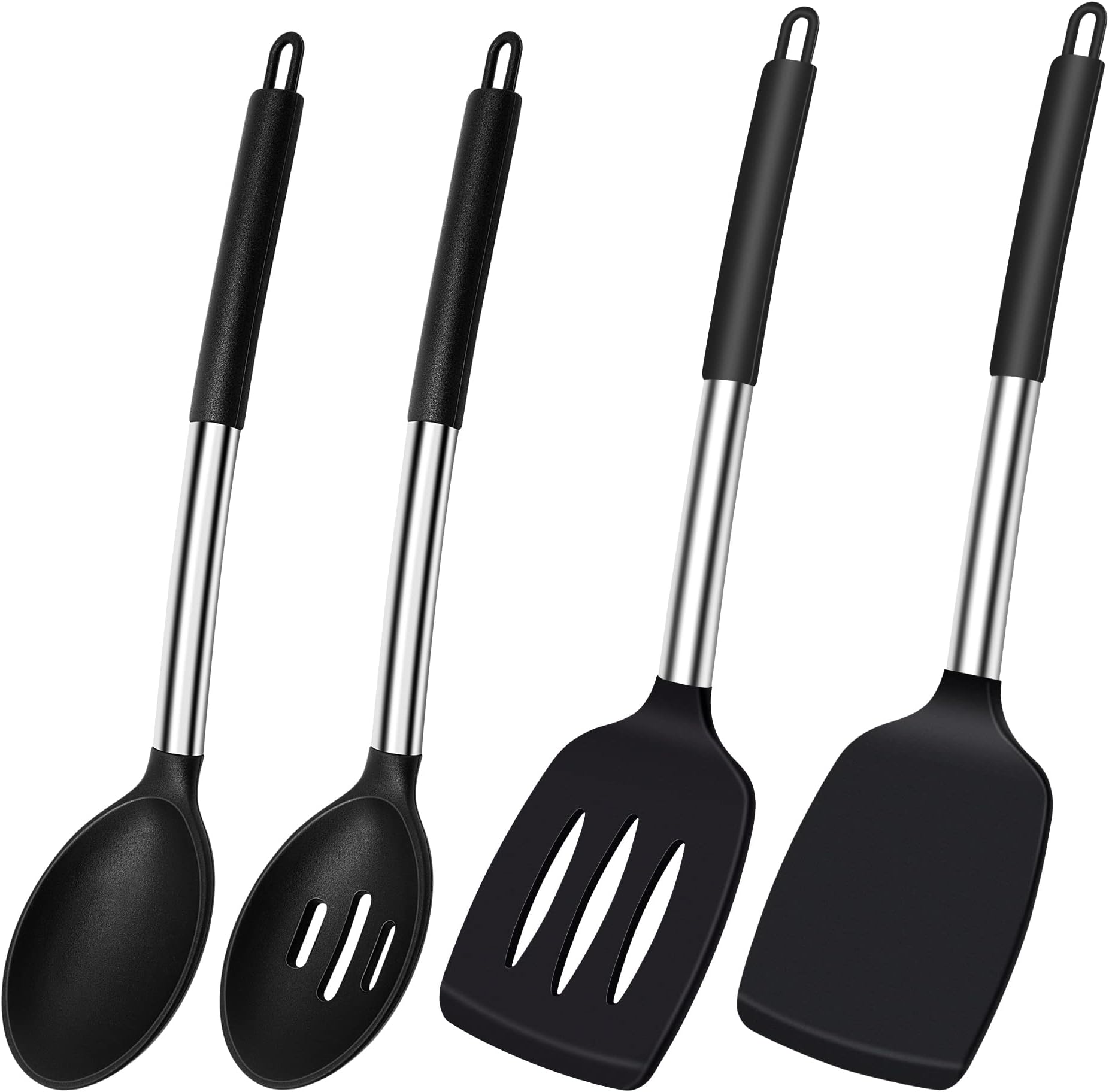 Silicone Spatula Spoon, Heat Resistant Silicone Spatula, Kitchen Spatula, Slotted Spoon Set for Cooking, BPA-Free Kitchen Utensils, Black Kitchen Utensils, Dishwasher Safe, Pack of 4
