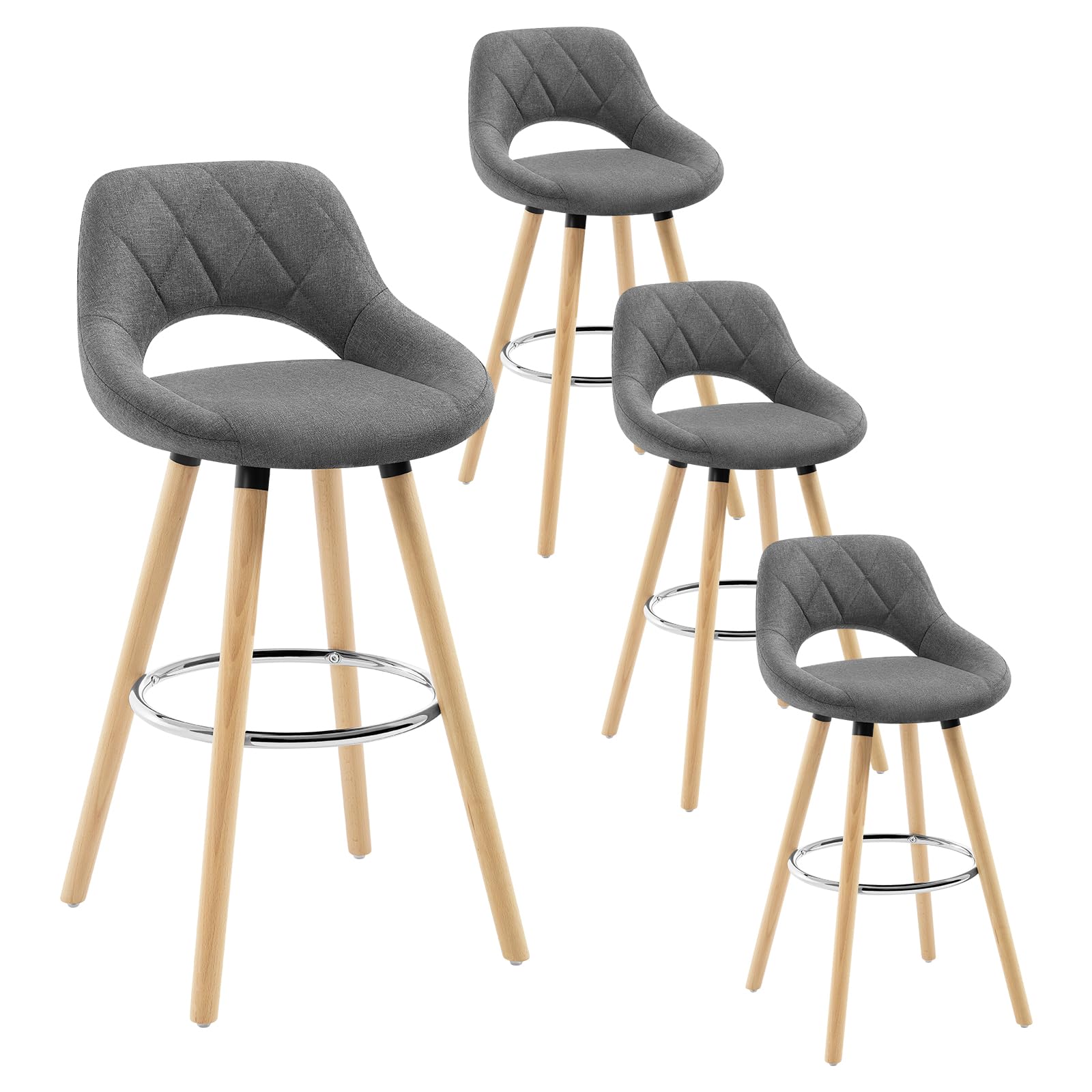 WOLTU Juego de 4 Taburetes Altos con Respaldo Ahuecado y Reposapiés, para Bistro, Cafeteria y Cocina, con Funda de Lino y Patas de Madera, Gris Oscuro