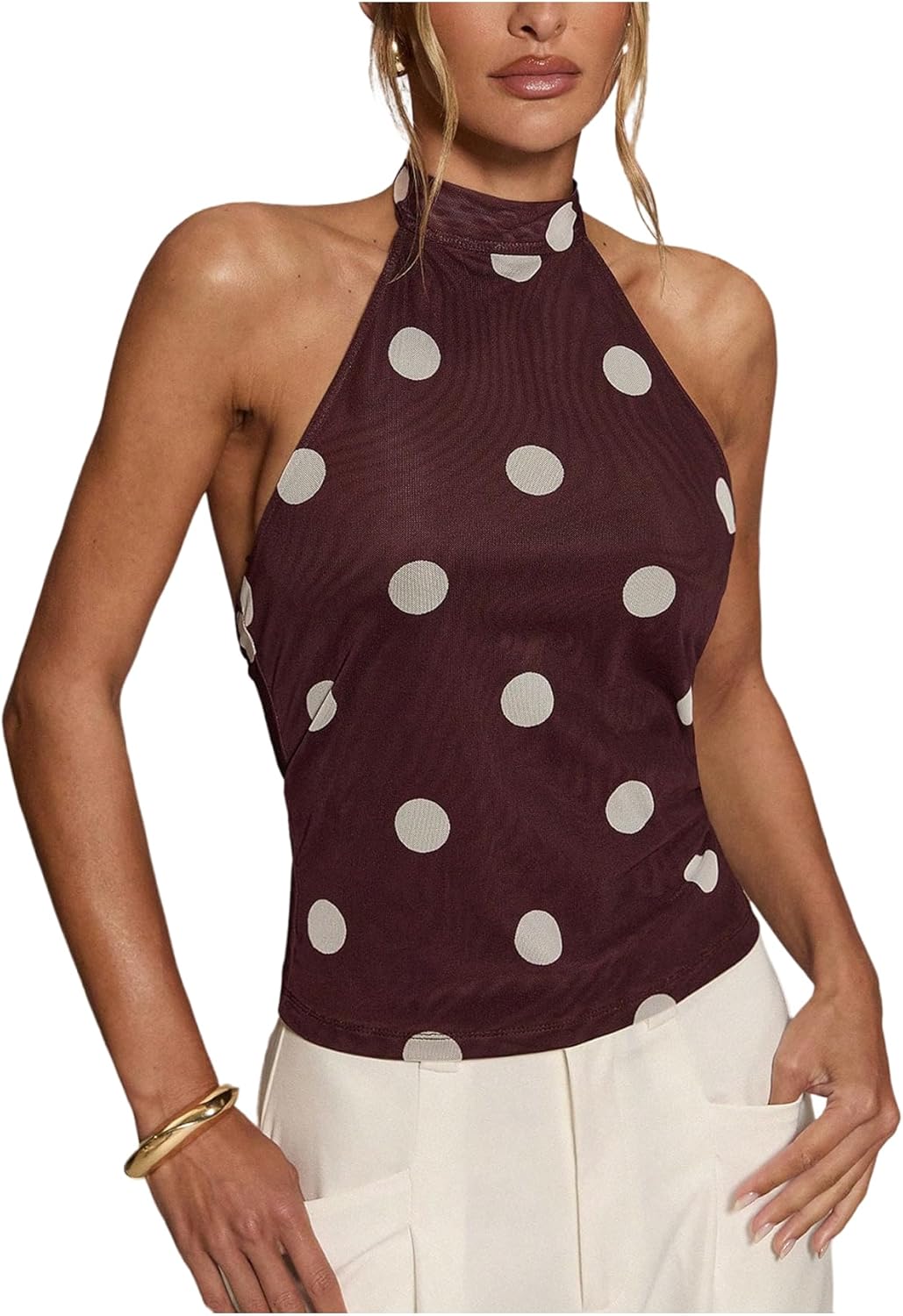 Verdusa Women's Polka Dots Backless Halter Tops Sleeveless Knitted Top Going Out Outfits