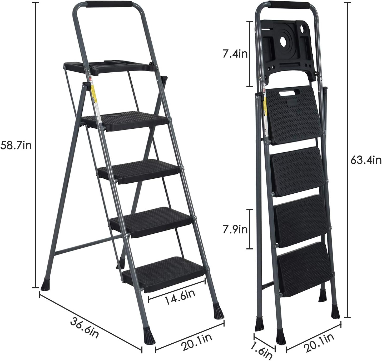 WiberWi 4 Step Ladder with Handrails Folding Step Stool with Tool Plateform, 330 lb Capacity Step Stools for Adults Portable Ladder for Home Kitchen Steel Frame with Non-Slip Wide Pedal, Grey