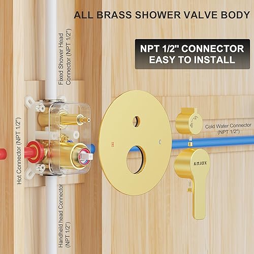 Miniatura 6 de KOJOX Sistema de ducha dorado cepillado de 10 pulgadas con cabezal de ducha de lluvia de alta presión, cabezal de ducha de mano de 3 ajustes, juego