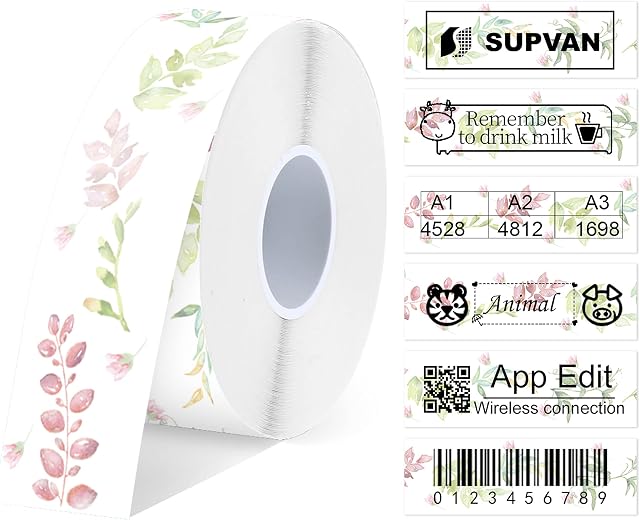 Etykieta na taśmę maszynową, SUPVAN E10 Adaptowana etykieta, rozmiar ciągły 15 mm x 6 m, Termicznie Laminowana Wodoodporna Samoprzylepna Wielolistna (Liście)