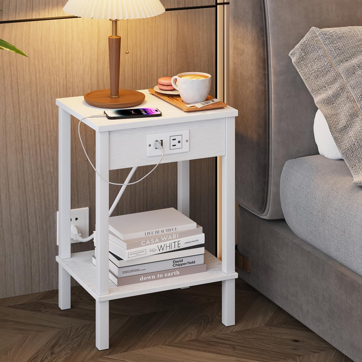 VIMBER Side Table with Charging Station, Set of 2 End Tables with USB Port and Outlets, Nightstands with 2-Tier Storage Shelves, Sofa Table for Small Space, Living Room, Bedroom, White UTBT102W2